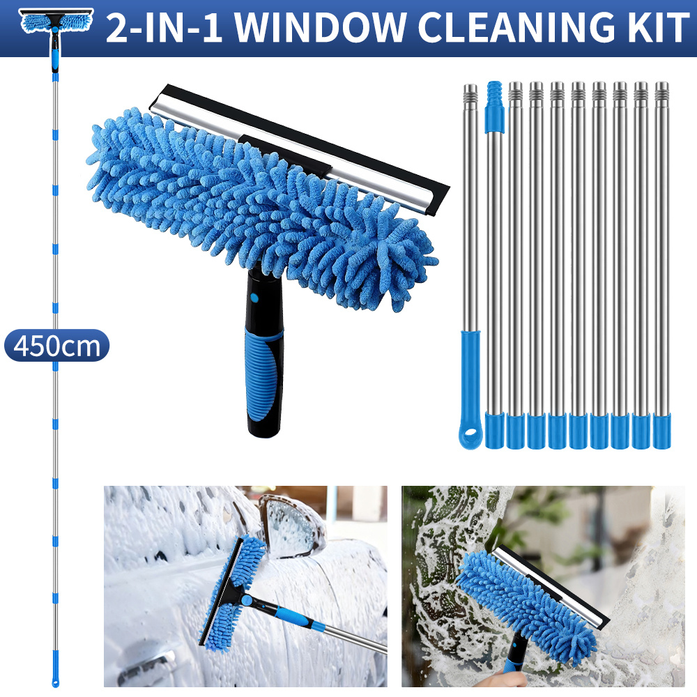 TEMU 2 In 1 Window Cleaning Brush & Squeegee Kit With Extendable Stainless Steel Pole, Reusable Hard Bristle Brush, High-reach For Outdoor & Glass