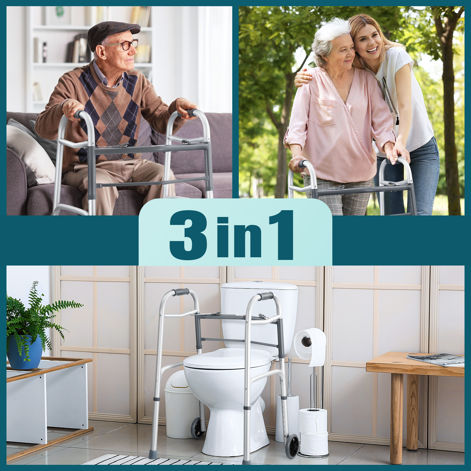 Genki 3 IN 1 Folding Walker Medical Aid Elderly Mobility Walking Toilet Outdoor Aluminum Frame Wheels Standard Lightweight Height Adjustable