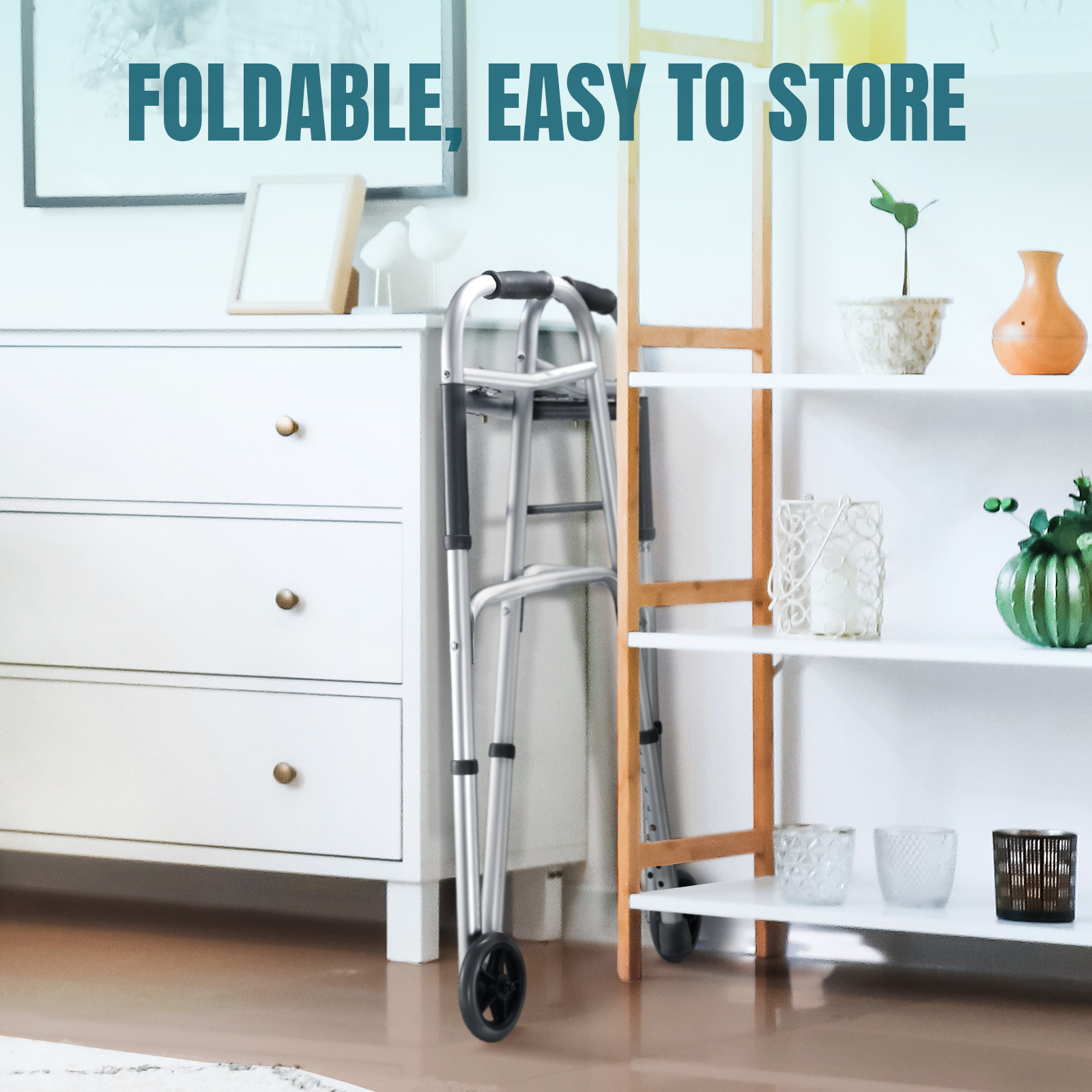 Genki 3 IN 1 Folding Walker Medical Aid Elderly Mobility Walking Toilet Outdoor Aluminum Frame Wheels Standard Lightweight Height Adjustable