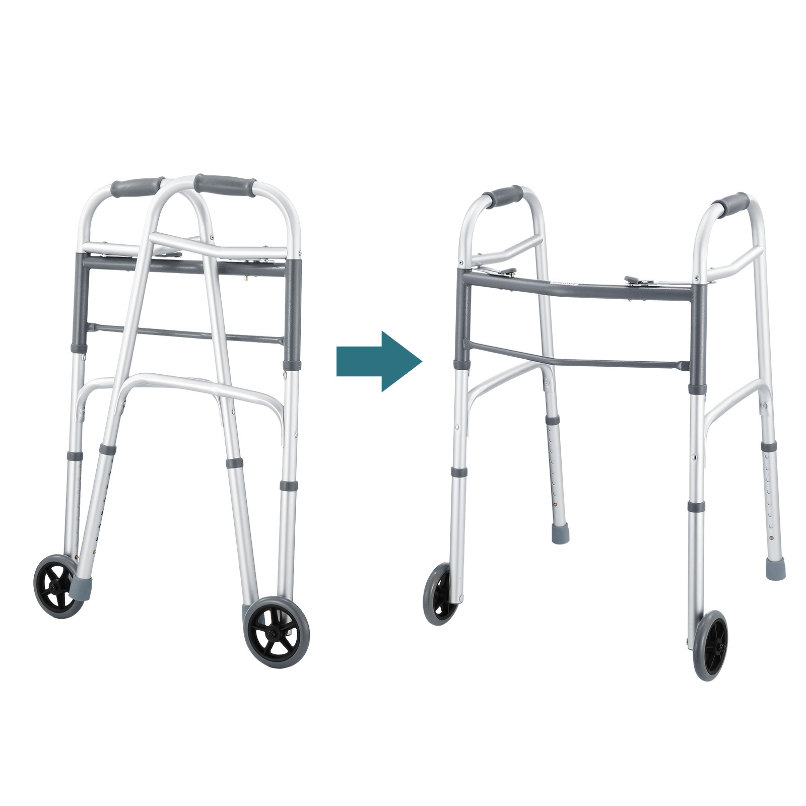 Genki 3 IN 1 Folding Walker Medical Aid Elderly Mobility Walking Toilet Outdoor Aluminum Frame Wheels Standard Lightweight Height Adjustable