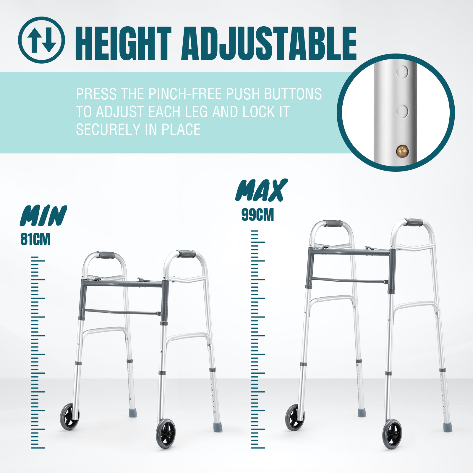 Genki 3 IN 1 Folding Walker Medical Aid Elderly Mobility Walking Toilet Outdoor Aluminum Frame Wheels Standard Lightweight Height Adjustable