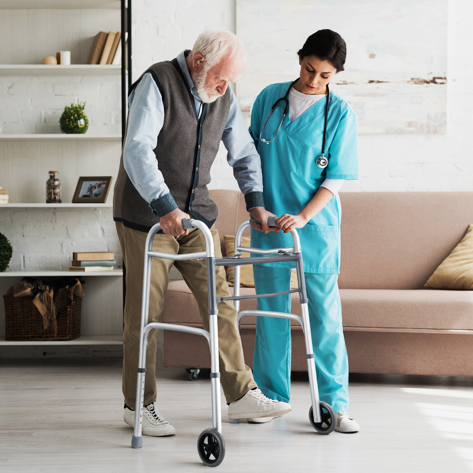 Genki 3 IN 1 Folding Walker Medical Aid Elderly Mobility Walking Toilet Outdoor Aluminum Frame Wheels Standard Lightweight Height Adjustable