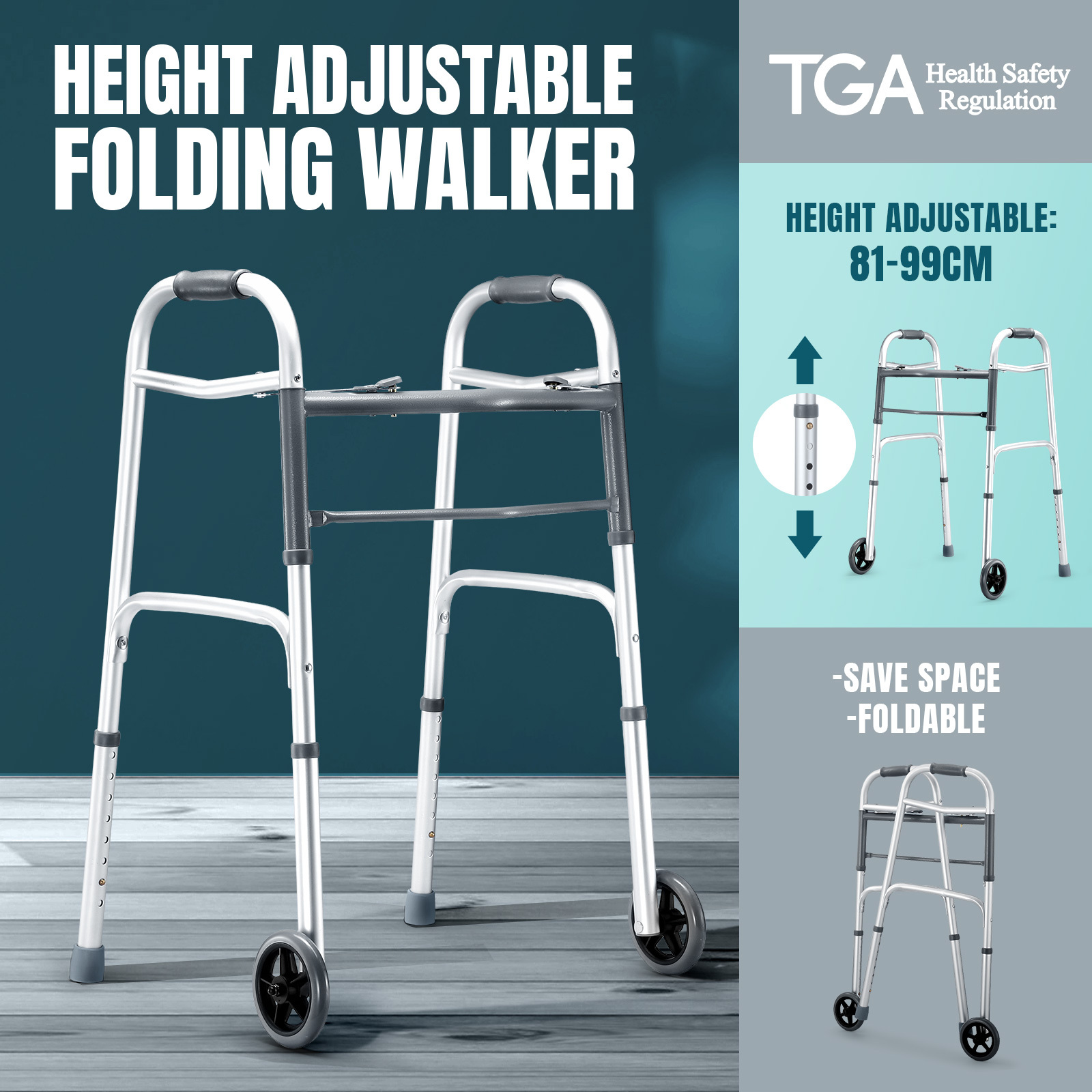 Genki 3 IN 1 Folding Walker Medical Aid Elderly Mobility Walking Toilet Outdoor Aluminum Frame Wheels Standard Lightweight Height Adjustable