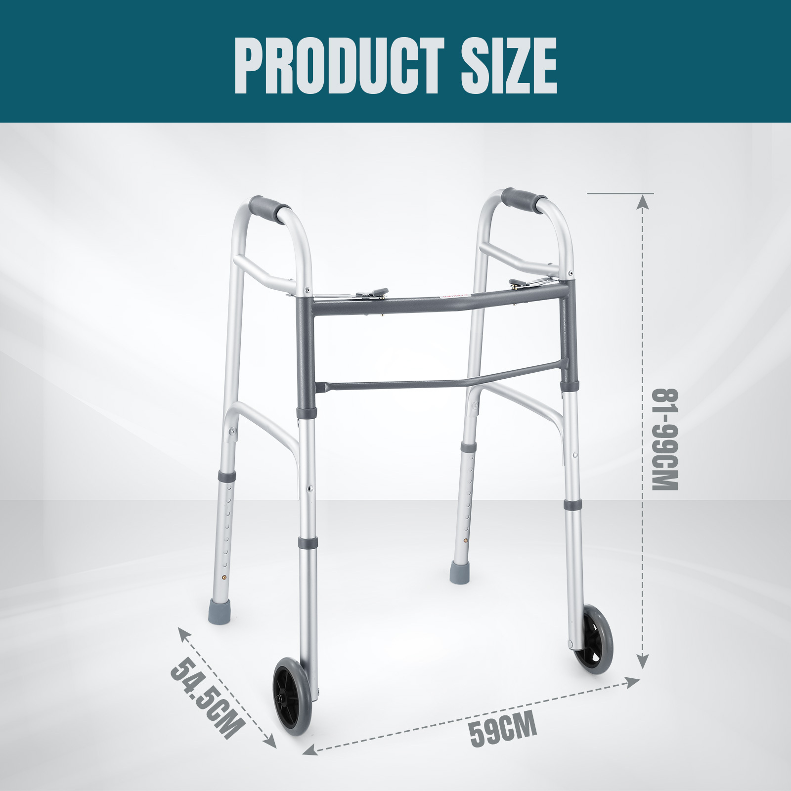 Genki 3 IN 1 Folding Walker Medical Aid Elderly Mobility Walking Toilet Outdoor Aluminum Frame Wheels Standard Lightweight Height Adjustable