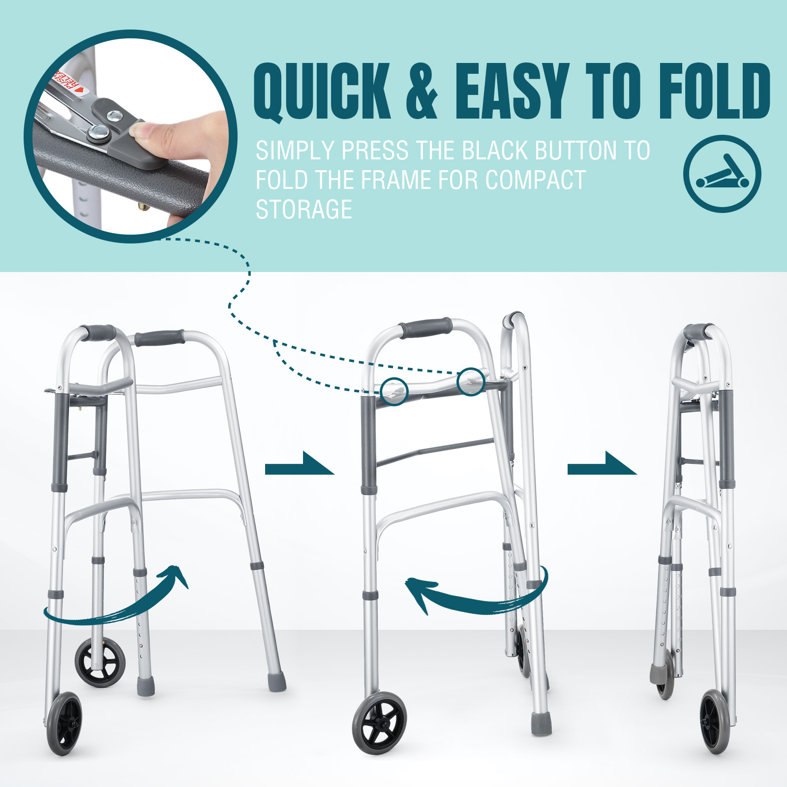 Genki 3 IN 1 Folding Walker Medical Aid Elderly Mobility Walking Toilet Outdoor Aluminum Frame Wheels Standard Lightweight Height Adjustable