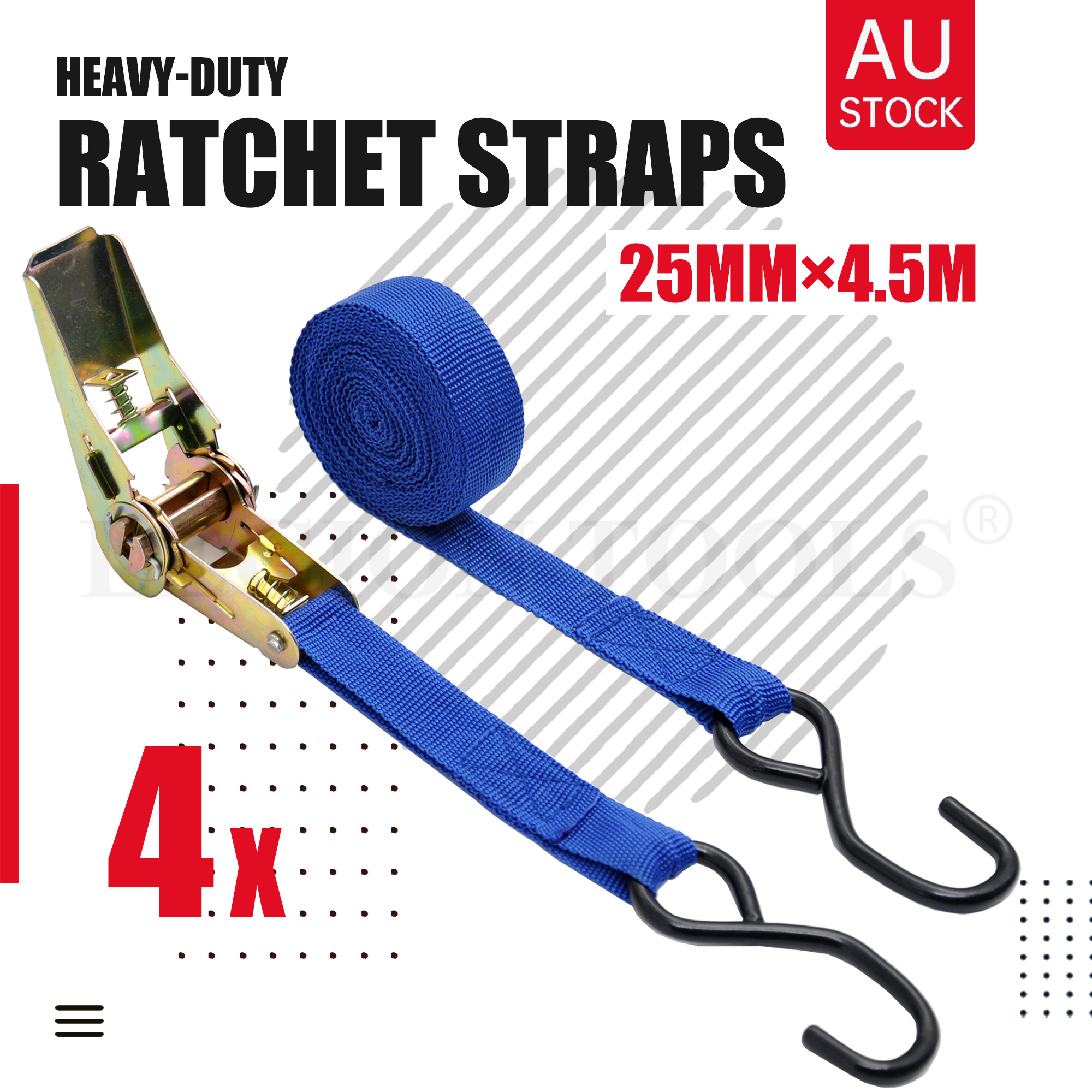 TEMU 4pcs Heavy-duty Ratchet Straps 25mm X 4.5m For Securing Cargo , Trailers, Utes, Roof Racks, Motorcycle | Lashing Straps | Load Binding Strap |