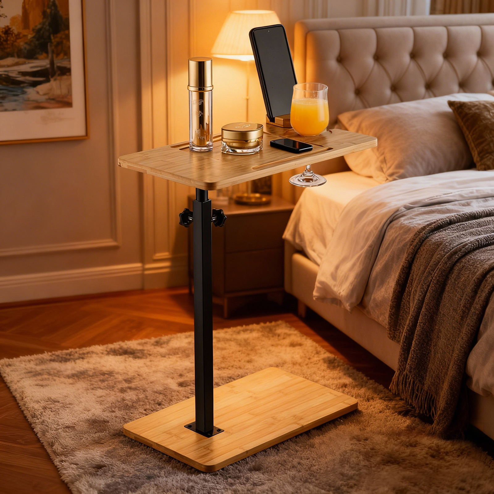 TEMU Height Adjustable Sofa Side Table Rotatable Couch Bedside End Table Freestanding Bath Tub Caddy Tray Swivel Phone Holder Wineglass Slot Rack