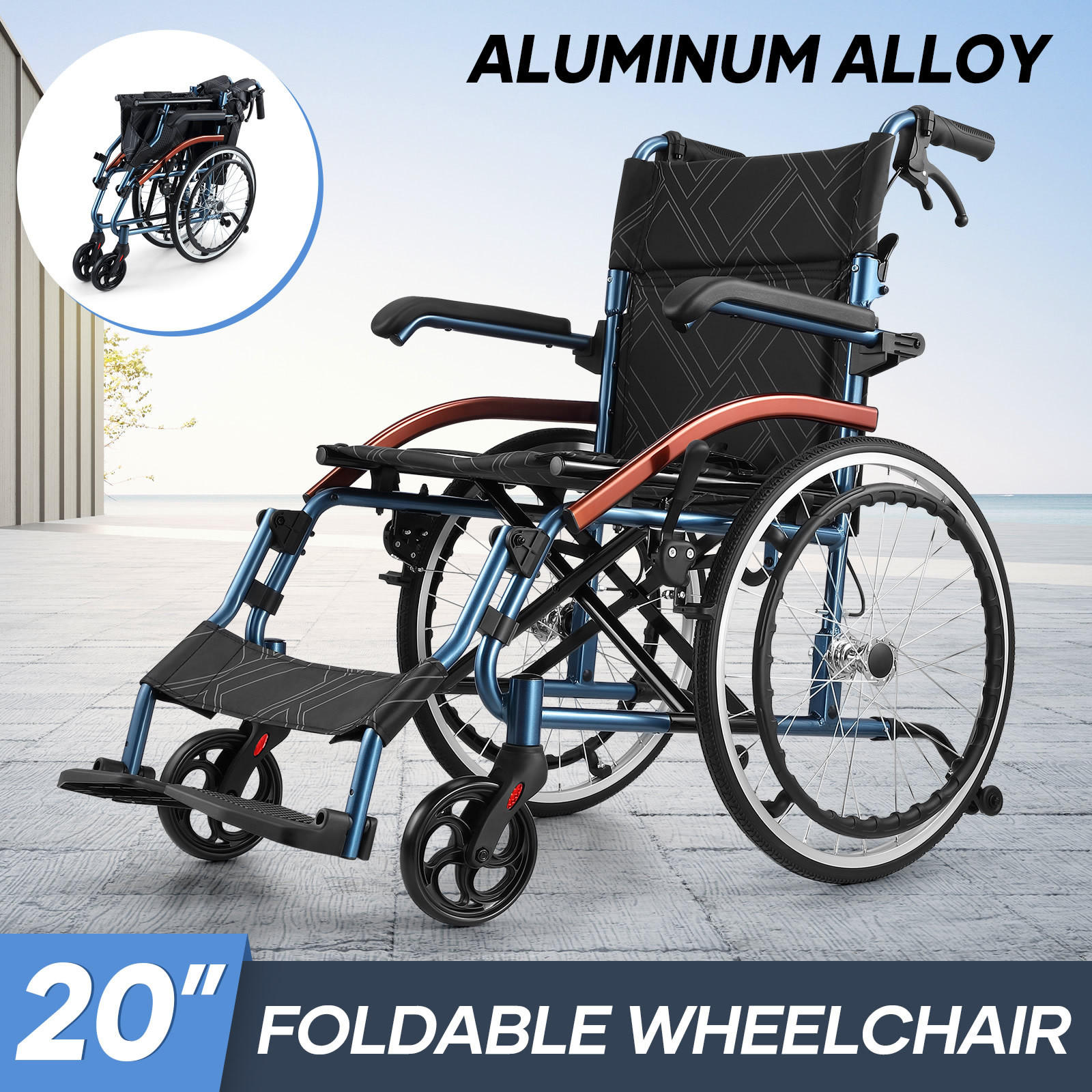 Genki 20Inch Wheelchair Mobility Disability Aid Travel Portable Lightweight Wheel Chair Elderly Transport Transit Equipment Rear Hand Brake Aluminum Folding