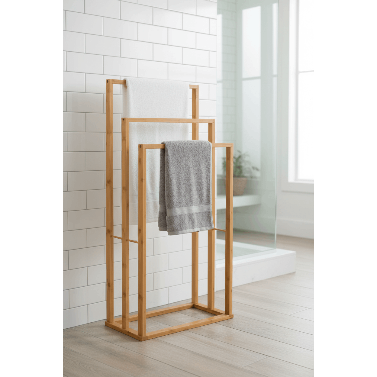 TEMU 3-tier Bamboo Towel Rack Freestanding Holder For Bathroom, Hand & Bath Towel Bar Stand, Towel Rail Organizer Shelf