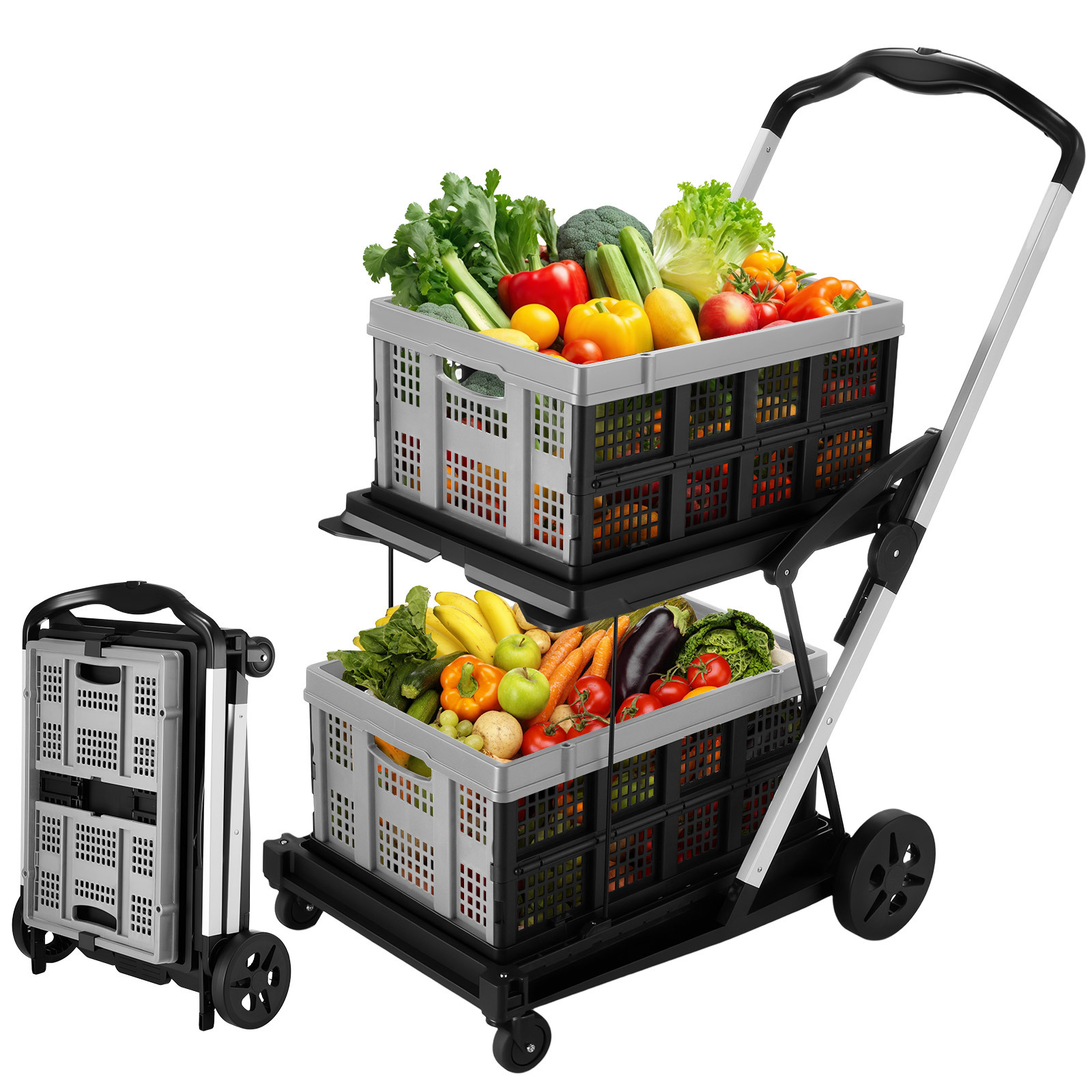 TEMU Folding Shopping Trolley Hand Truck Dolly Luggage Cart Collapsible Basket Utility Cart 2 Baskets Office Moving Grocery Camping Gym Tennis Ball 4