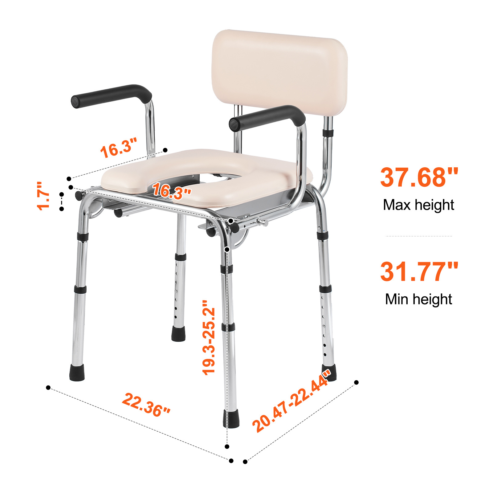 VEVOR Commode Chair, Bedside Commode with Padded Seat, Drop-Down Arms, 7-Level Adjustable Height, 5.8L Removable Bucket, Easy to Assemble, 350/1000LBS Capacity, Portable Toilet for Adults Seniors