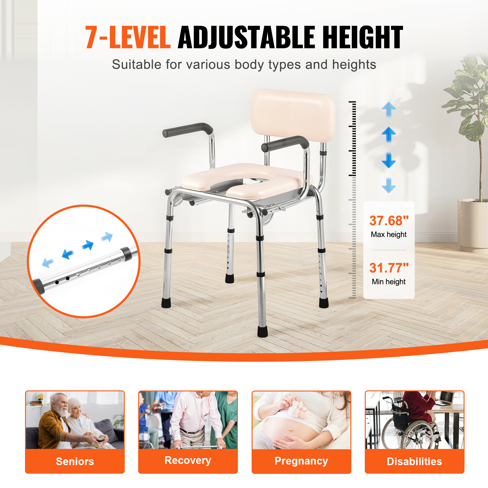 VEVOR Commode Chair, Bedside Commode with Padded Seat, Drop-Down Arms, 7-Level Adjustable Height, 5.8L Removable Bucket, Easy to Assemble, 350/1000LBS Capacity, Portable Toilet for Adults Seniors