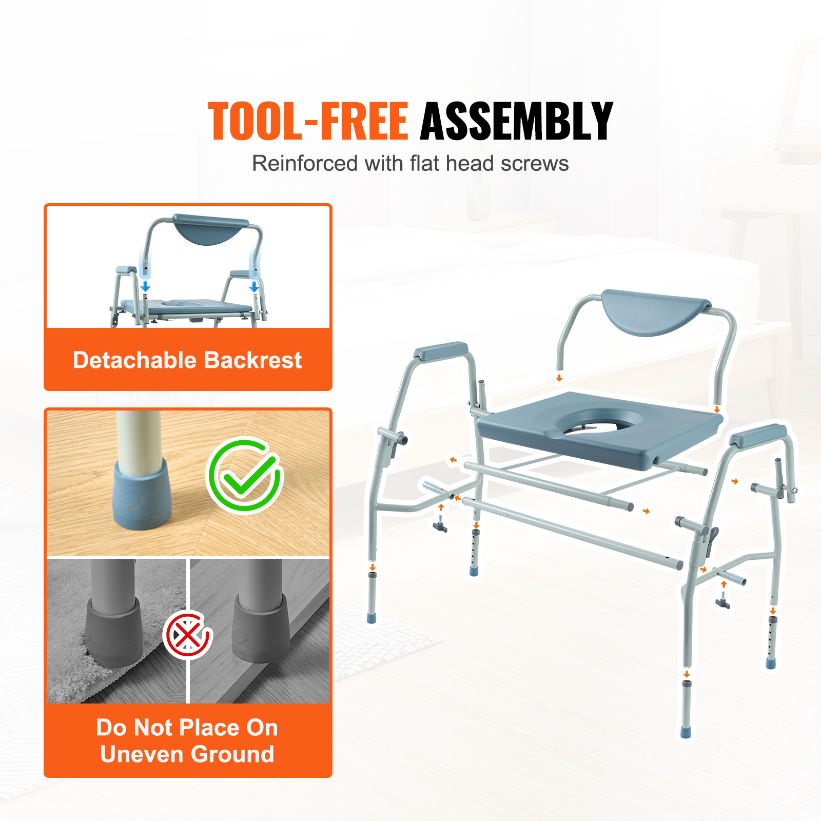 VEVOR Commode Chair, Bedside Commode with Padded Seat, Drop-Down Arms, 7-Level Adjustable Height, 5.8L Removable Bucket, Easy to Assemble, 350/1000LBS Capacity, Portable Toilet for Adults Seniors