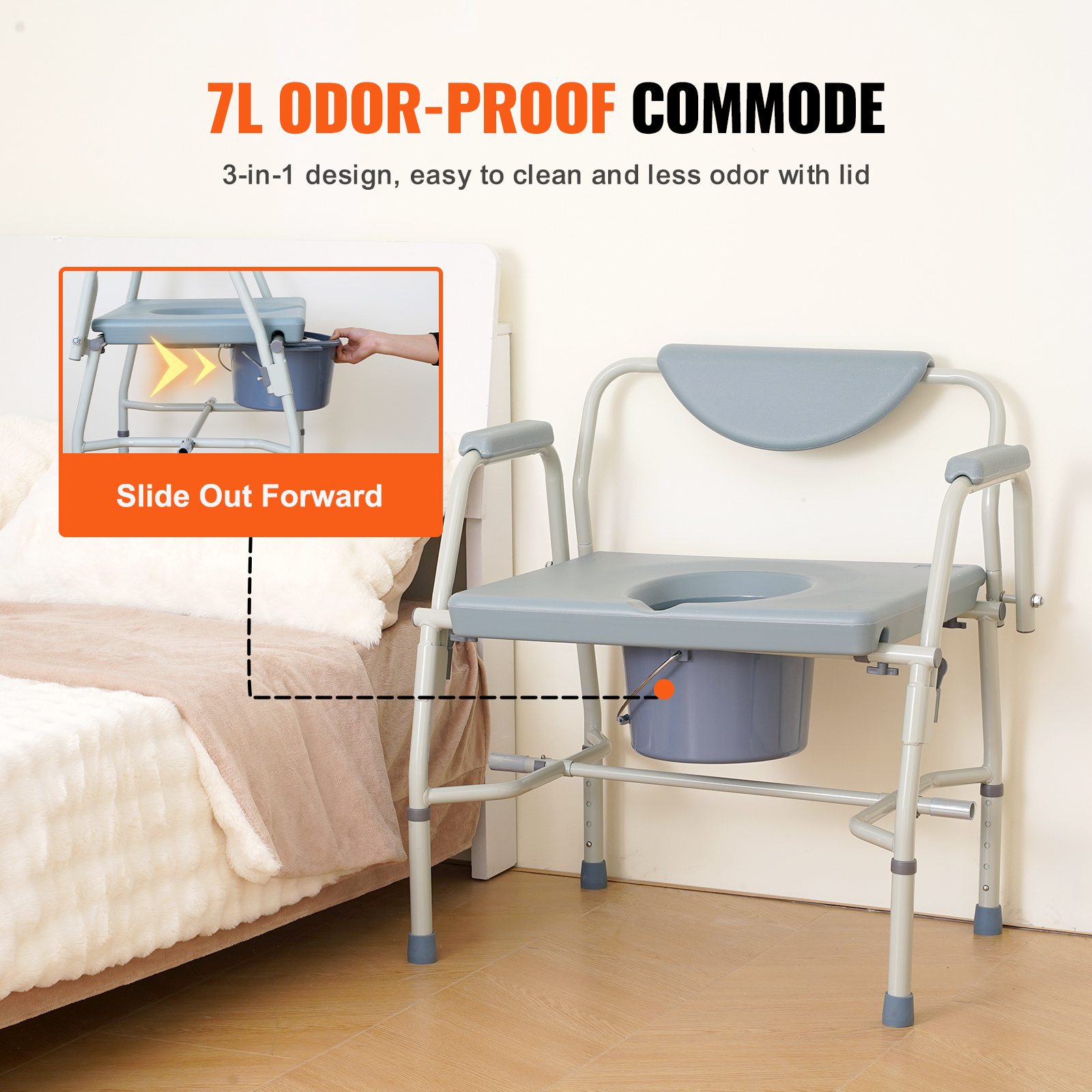 VEVOR Commode Chair, Bedside Commode with Padded Seat, Drop-Down Arms, 7-Level Adjustable Height, 5.8L Removable Bucket, Easy to Assemble, 350/1000LBS Capacity, Portable Toilet for Adults Seniors