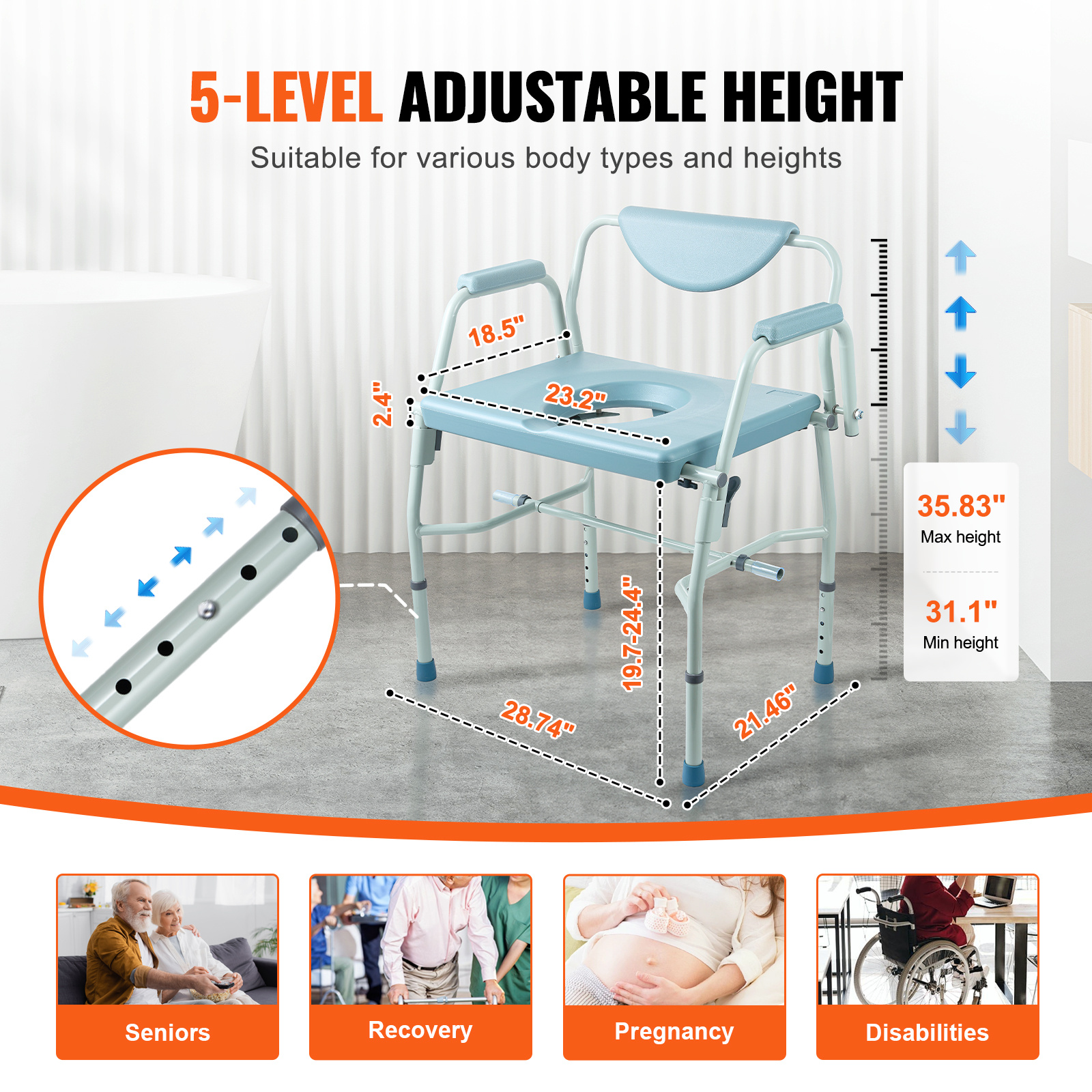 VEVOR Commode Chair, Bedside Commode with Padded Seat, Drop-Down Arms, 7-Level Adjustable Height, 5.8L Removable Bucket, Easy to Assemble, 350/1000LBS Capacity, Portable Toilet for Adults Seniors