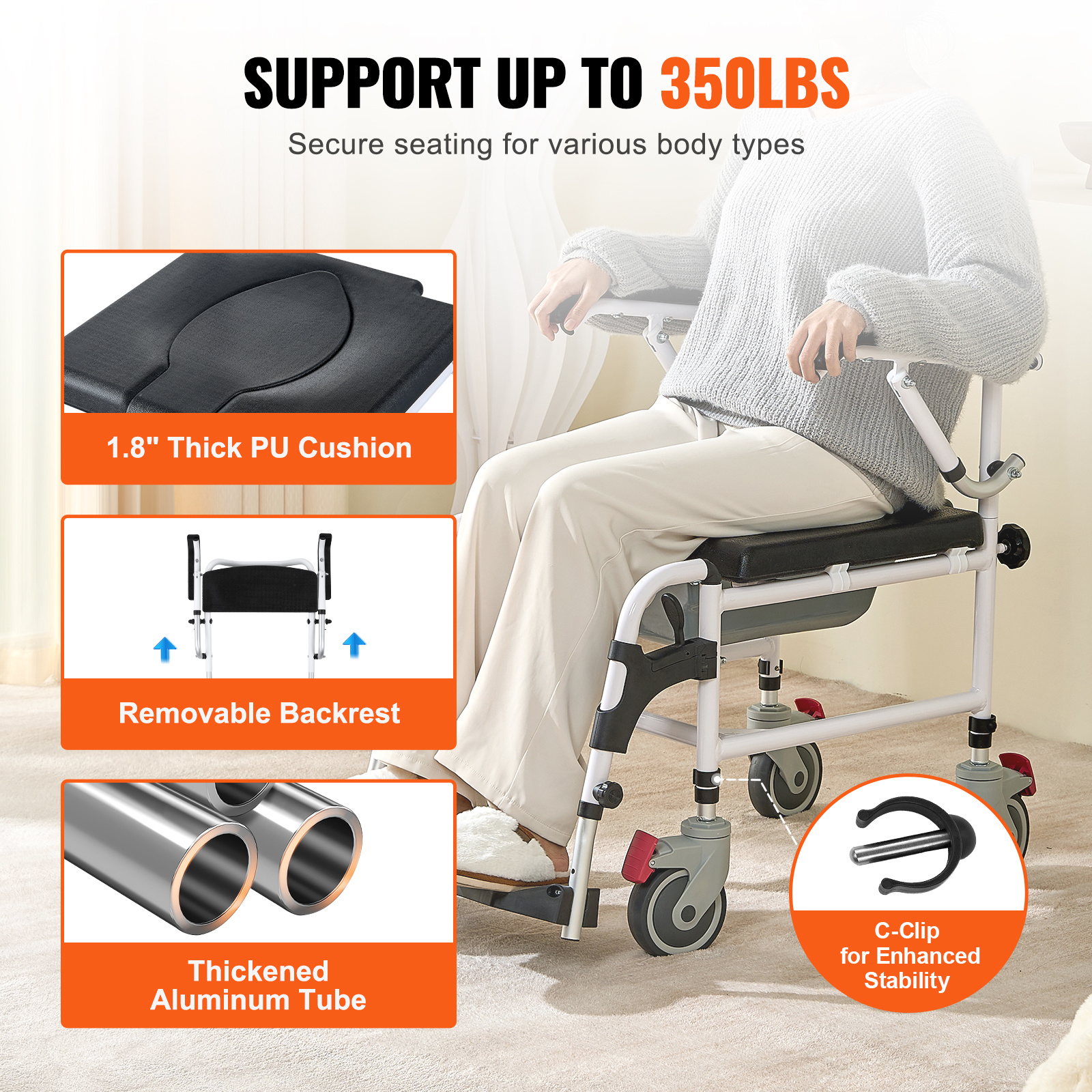 VEVOR Commode Chair, Bedside Commode with Padded Seat, Drop-Down Arms, 7-Level Adjustable Height, 5.8L Removable Bucket, Easy to Assemble, 350/1000LBS Capacity, Portable Toilet for Adults Seniors