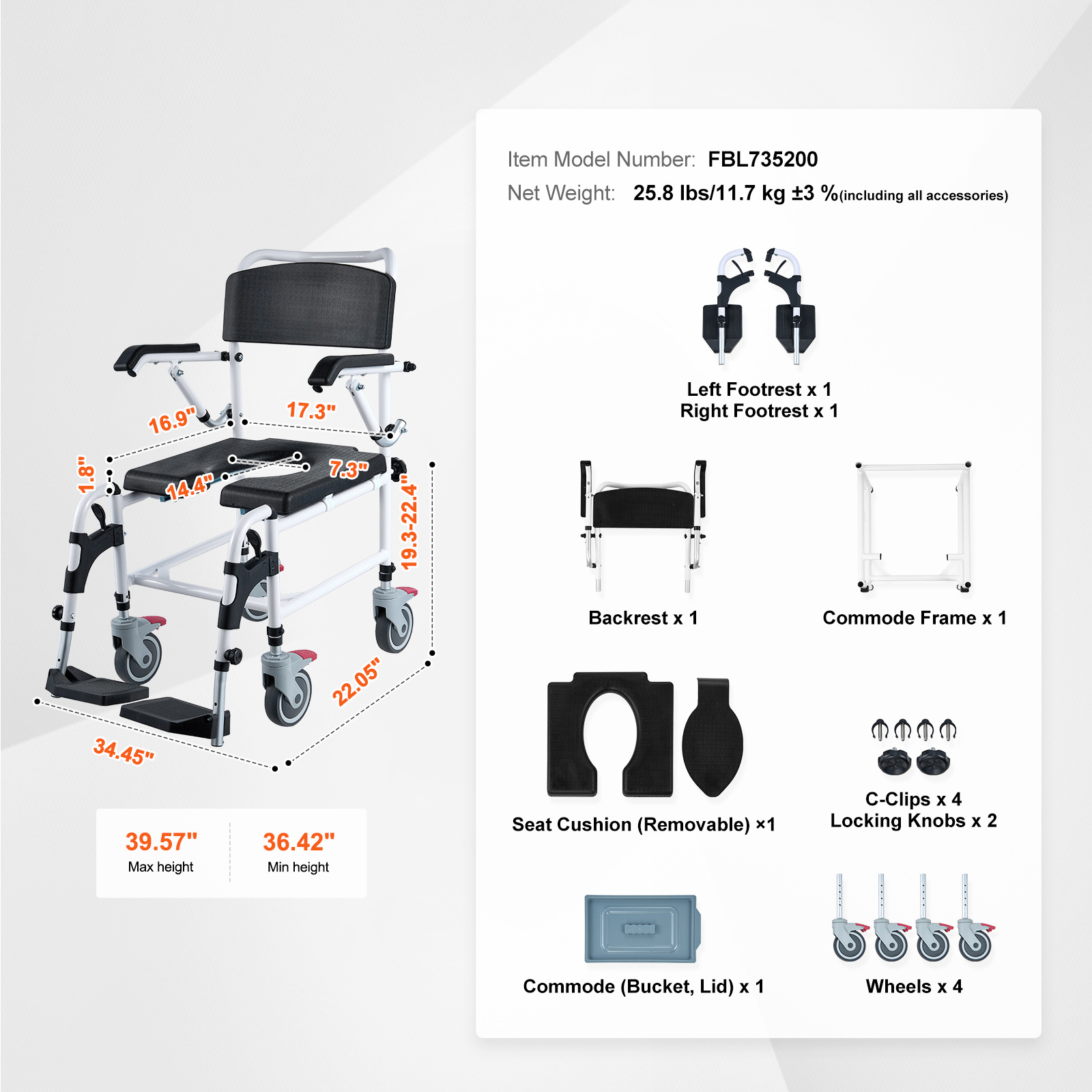 VEVOR Commode Chair, Bedside Commode with Padded Seat, Drop-Down Arms, 7-Level Adjustable Height, 5.8L Removable Bucket, Easy to Assemble, 350/1000LBS Capacity, Portable Toilet for Adults Seniors