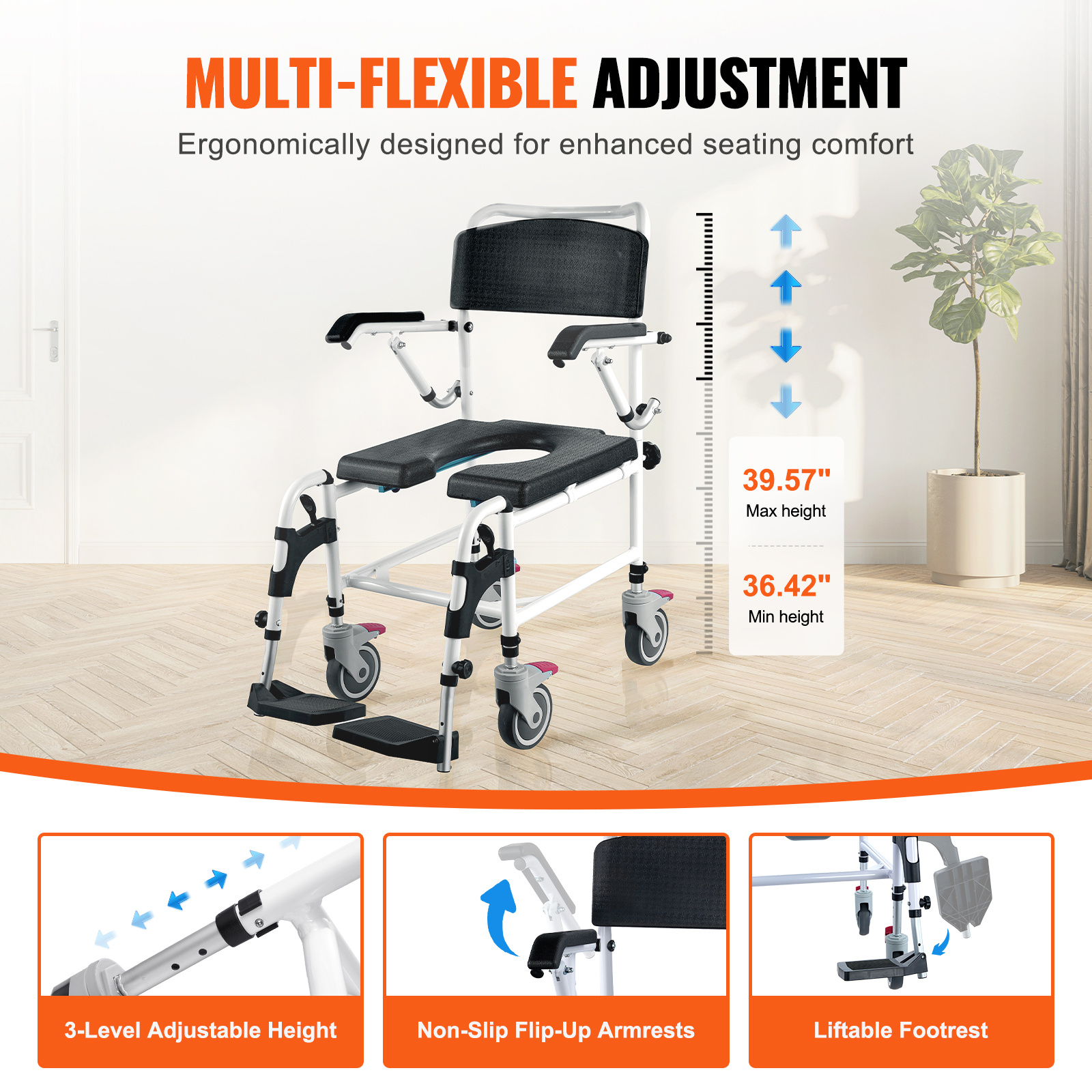 VEVOR Commode Chair, Bedside Commode with Padded Seat, Drop-Down Arms, 7-Level Adjustable Height, 5.8L Removable Bucket, Easy to Assemble, 350/1000LBS Capacity, Portable Toilet for Adults Seniors