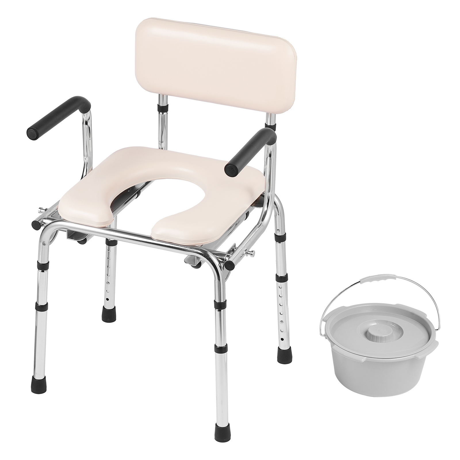 VEVOR Commode Chair, Bedside Commode with Padded Seat, Drop-Down Arms, 7-Level Adjustable Height, 5.8L Removable Bucket, Easy to Assemble, 350/1000LBS Capacity, Portable Toilet for Adults Seniors