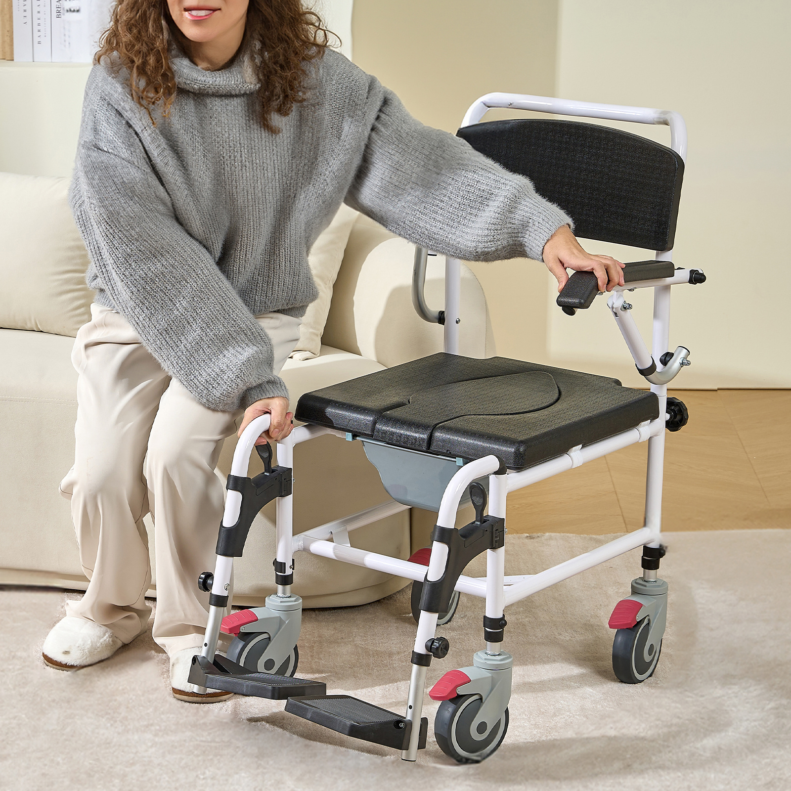 VEVOR Commode Chair, Bedside Commode with Padded Seat, Drop-Down Arms, 7-Level Adjustable Height, 5.8L Removable Bucket, Easy to Assemble, 350/1000LBS Capacity, Portable Toilet for Adults Seniors