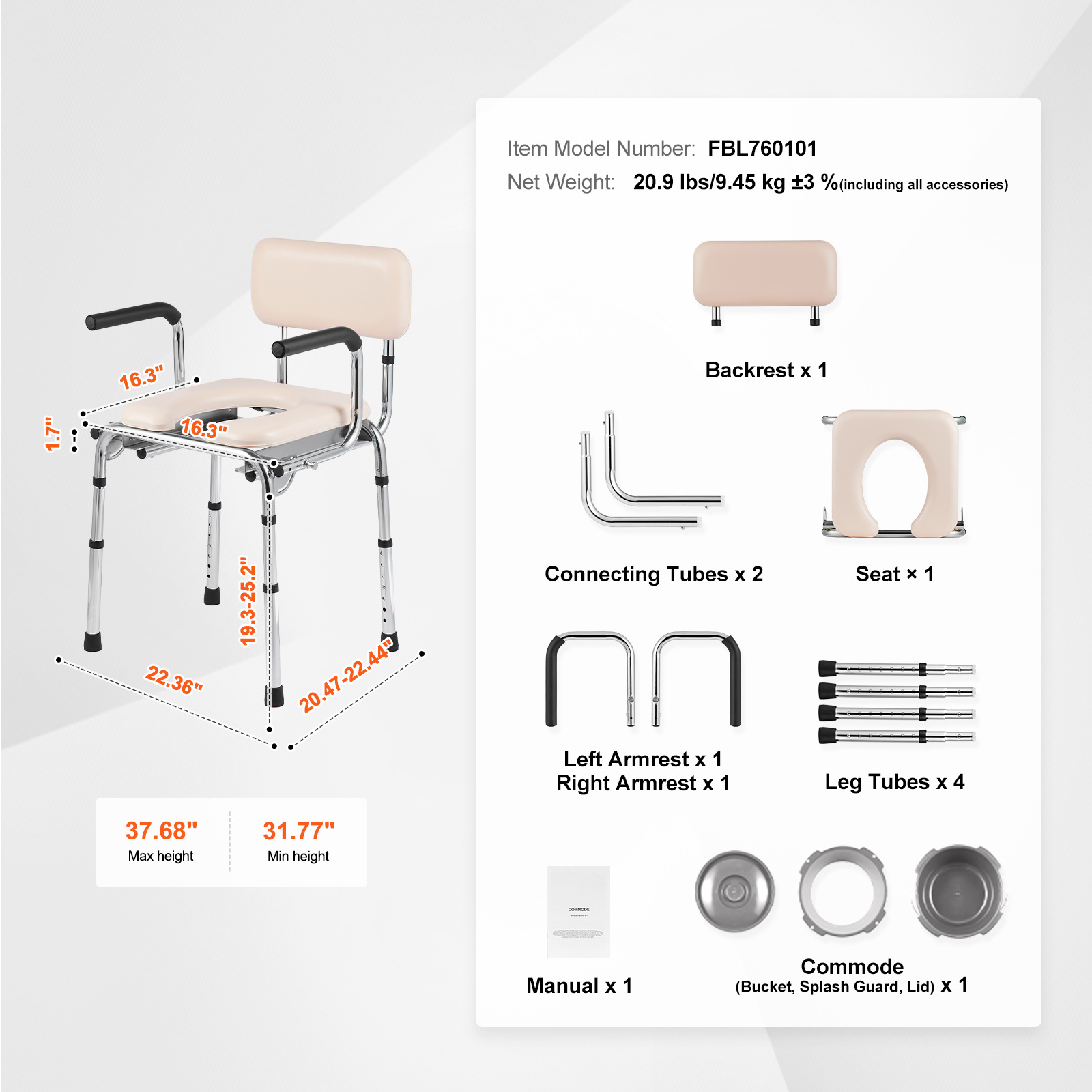 VEVOR Commode Chair, Bedside Commode with Padded Seat, Drop-Down Arms, 7-Level Adjustable Height, 5.8L Removable Bucket, Easy to Assemble, 350/1000LBS Capacity, Portable Toilet for Adults Seniors