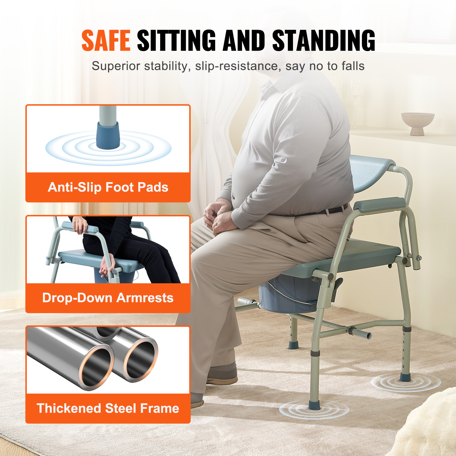VEVOR Commode Chair, Bedside Commode with Padded Seat, Drop-Down Arms, 7-Level Adjustable Height, 5.8L Removable Bucket, Easy to Assemble, 350/1000LBS Capacity, Portable Toilet for Adults Seniors