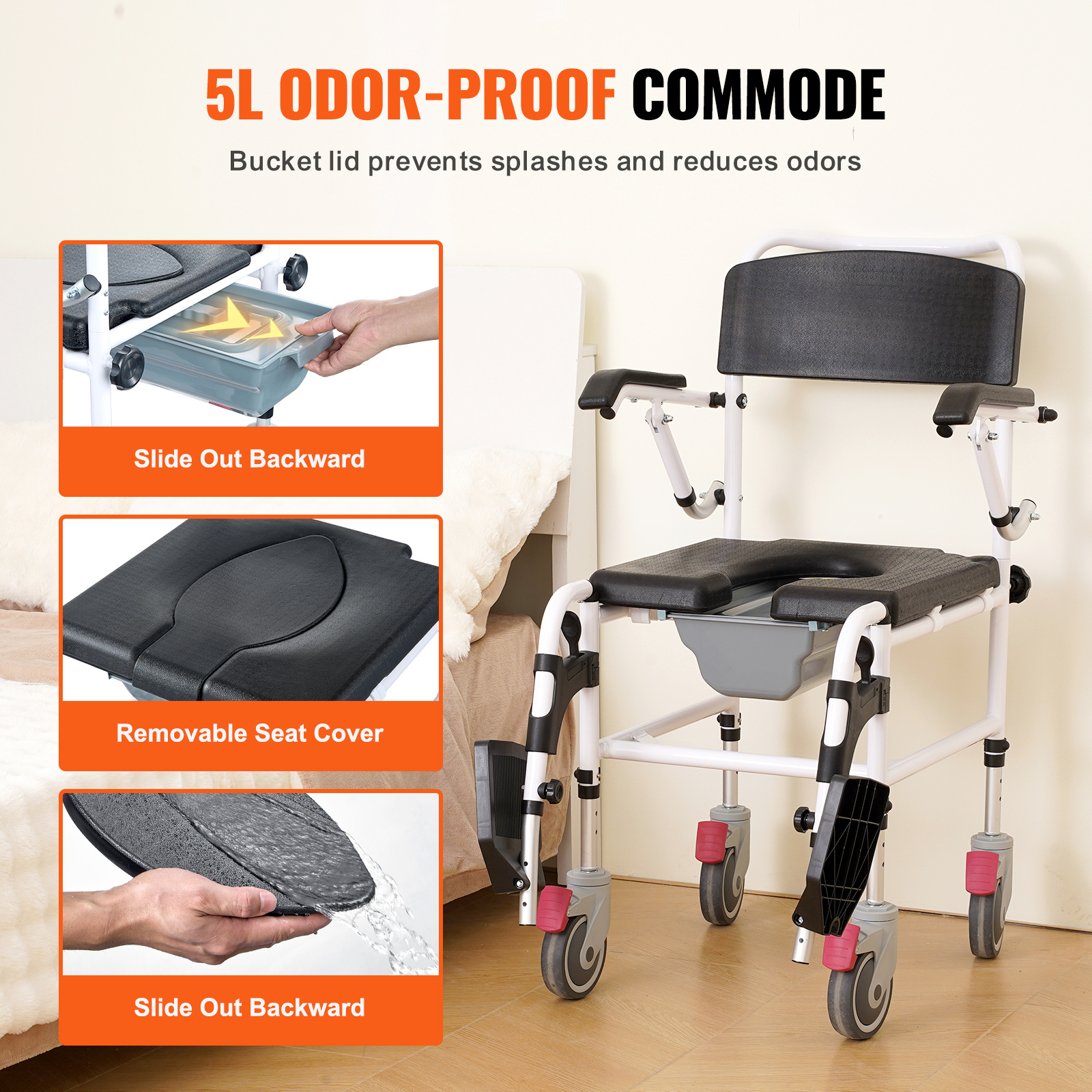 VEVOR Commode Chair, Bedside Commode with Padded Seat, Drop-Down Arms, 7-Level Adjustable Height, 5.8L Removable Bucket, Easy to Assemble, 350/1000LBS Capacity, Portable Toilet for Adults Seniors