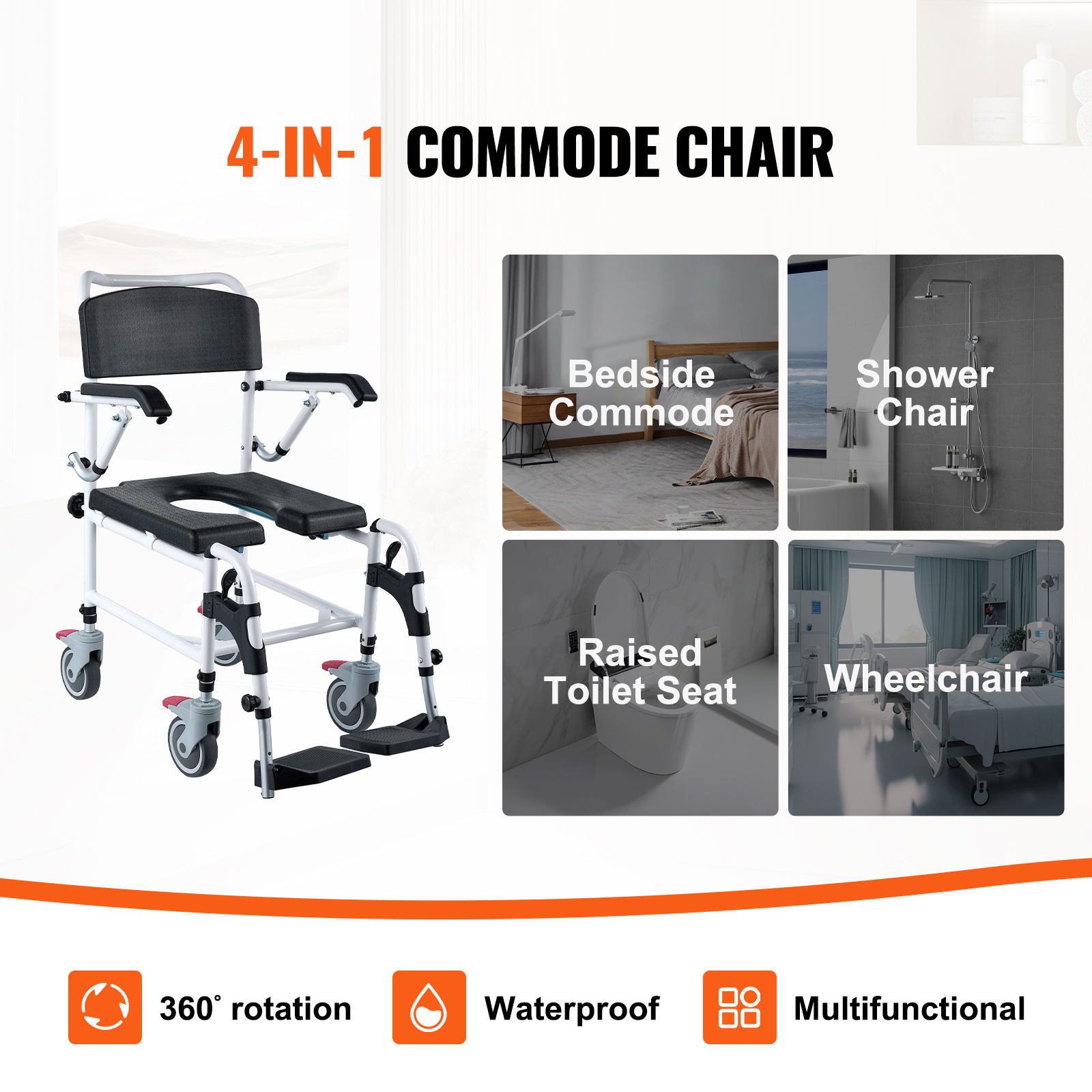 VEVOR Commode Chair, Bedside Commode with Padded Seat, Drop-Down Arms, 7-Level Adjustable Height, 5.8L Removable Bucket, Easy to Assemble, 350/1000LBS Capacity, Portable Toilet for Adults Seniors