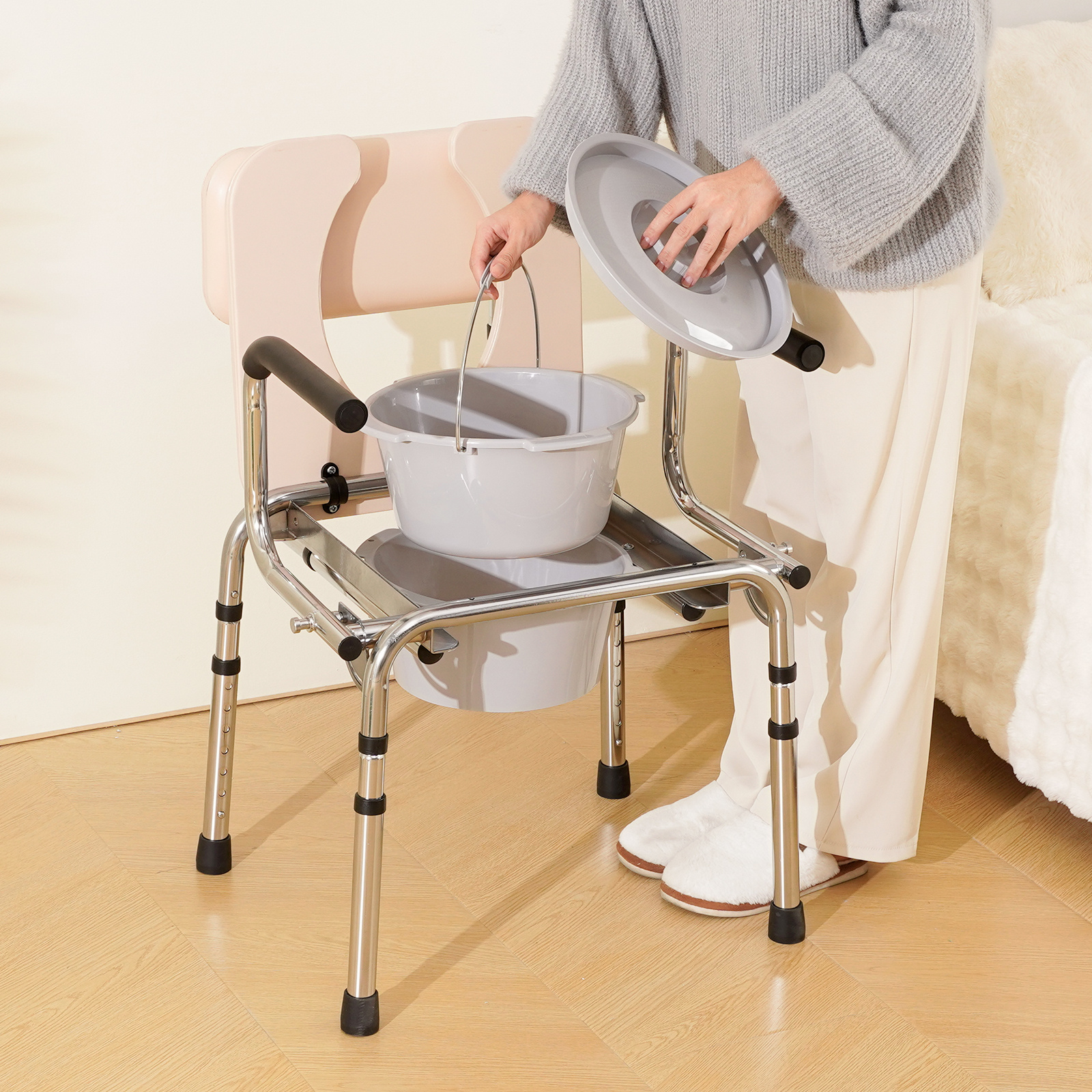 VEVOR Commode Chair, Bedside Commode with Padded Seat, Drop-Down Arms, 7-Level Adjustable Height, 5.8L Removable Bucket, Easy to Assemble, 350/1000LBS Capacity, Portable Toilet for Adults Seniors