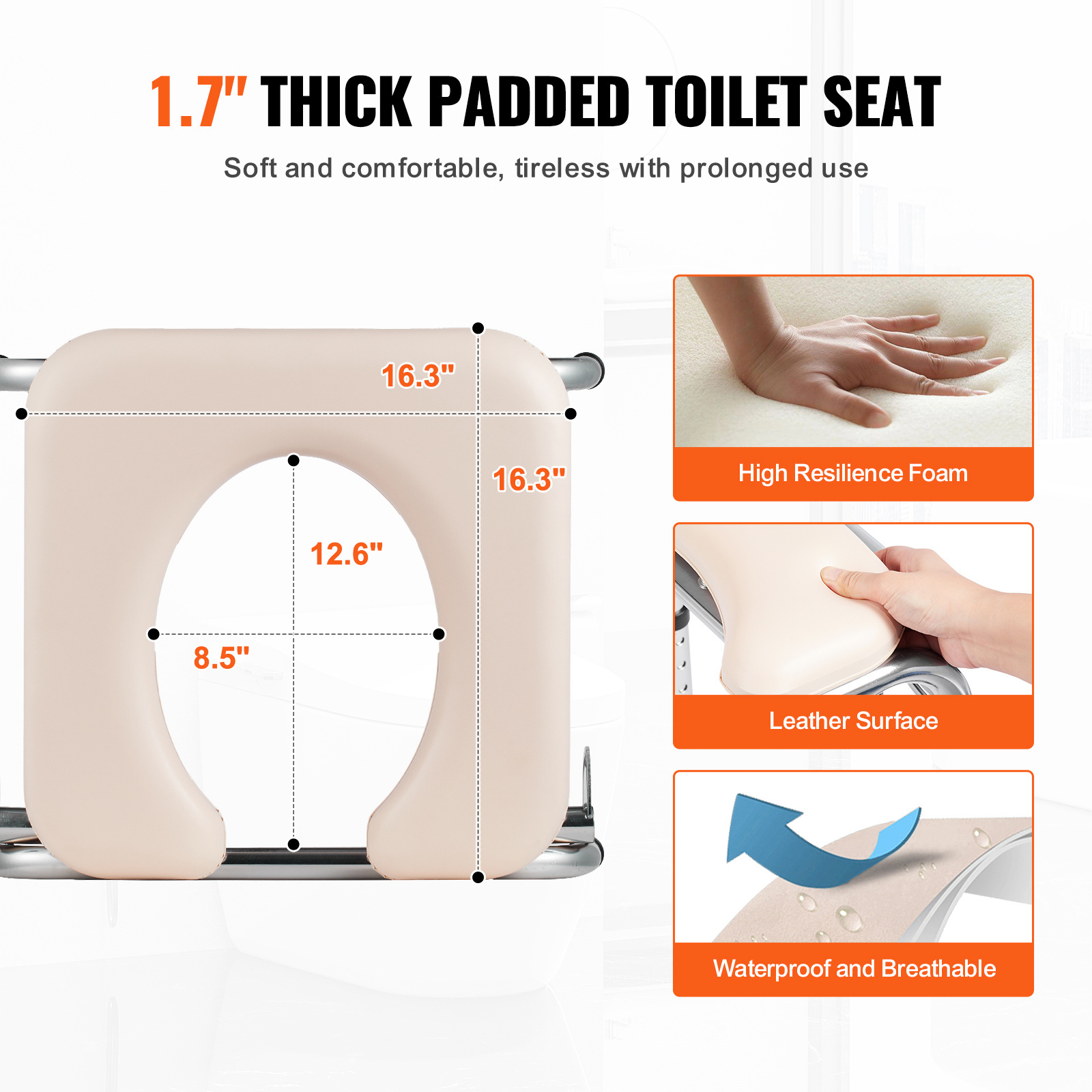 VEVOR Commode Chair, Bedside Commode with Padded Seat, Drop-Down Arms, 7-Level Adjustable Height, 5.8L Removable Bucket, Easy to Assemble, 350/1000LBS Capacity, Portable Toilet for Adults Seniors
