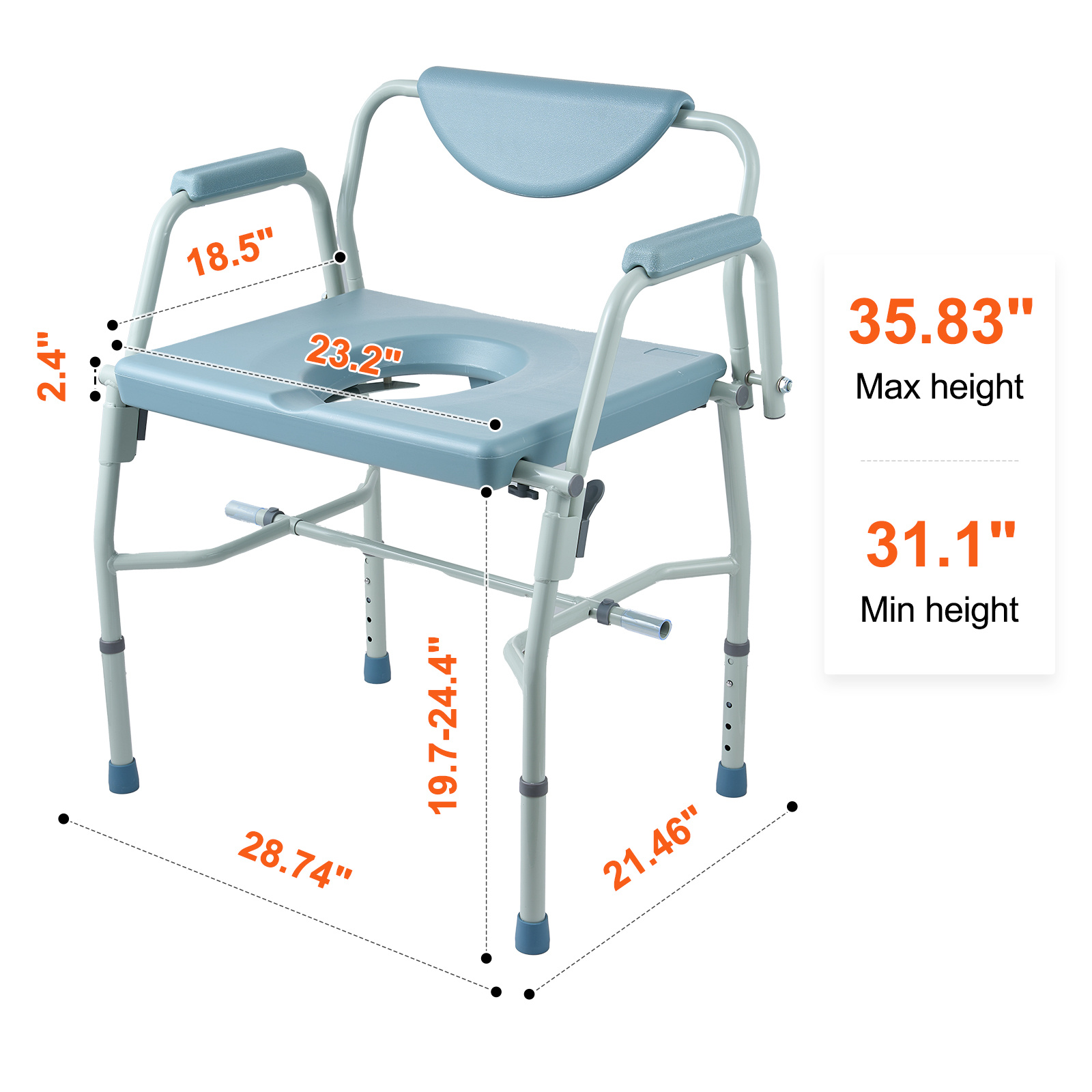VEVOR Commode Chair, Bedside Commode with Padded Seat, Drop-Down Arms, 7-Level Adjustable Height, 5.8L Removable Bucket, Easy to Assemble, 350/1000LBS Capacity, Portable Toilet for Adults Seniors