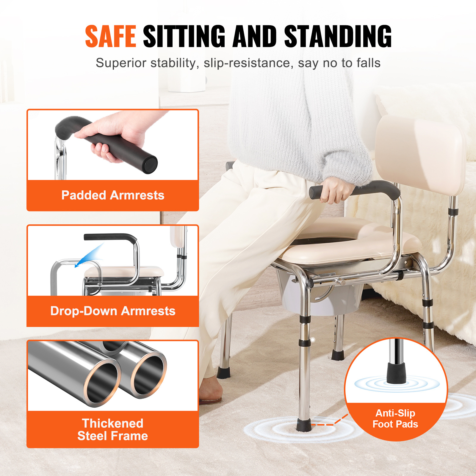 VEVOR Commode Chair, Bedside Commode with Padded Seat, Drop-Down Arms, 7-Level Adjustable Height, 5.8L Removable Bucket, Easy to Assemble, 350/1000LBS Capacity, Portable Toilet for Adults Seniors
