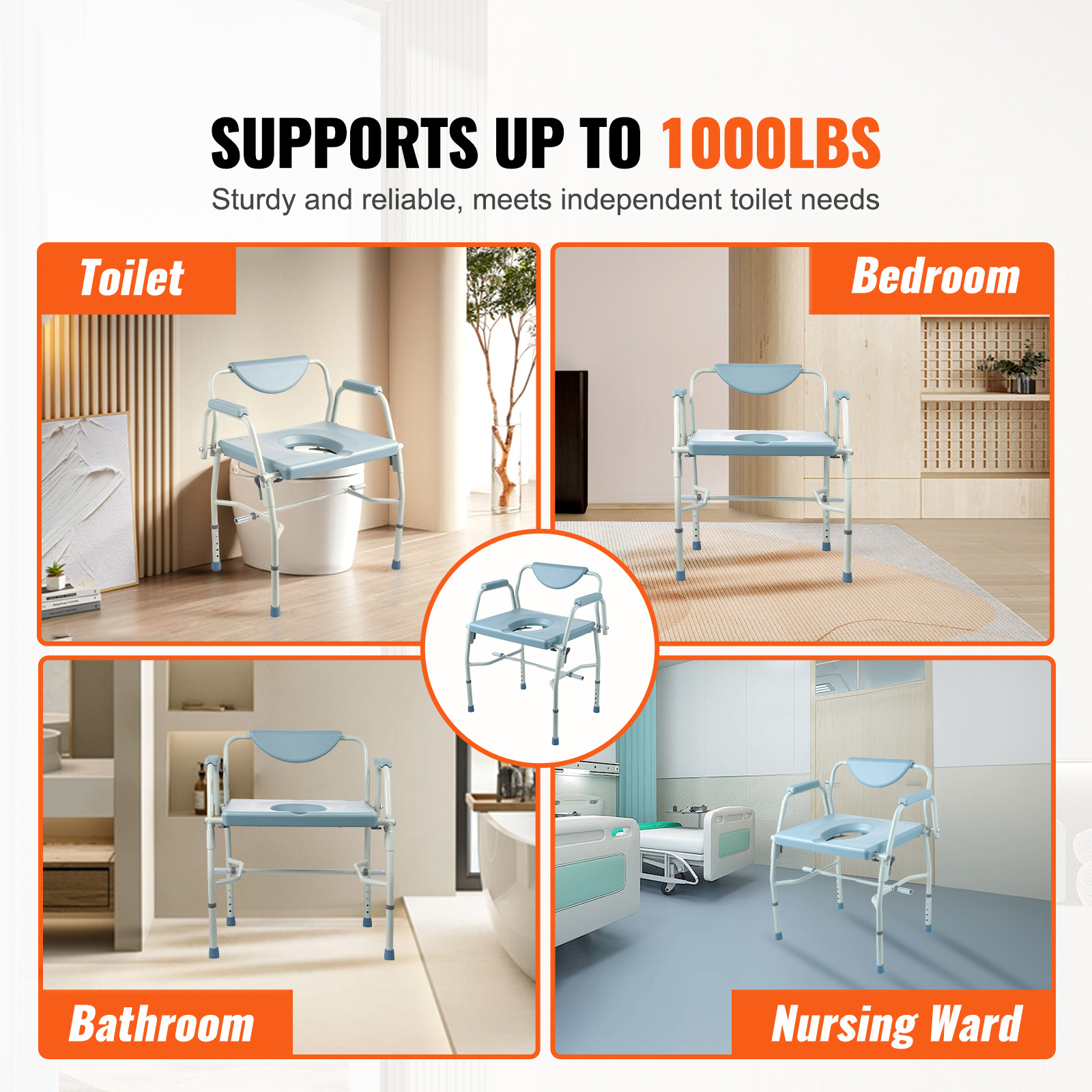 VEVOR Commode Chair, Bedside Commode with Padded Seat, Drop-Down Arms, 7-Level Adjustable Height, 5.8L Removable Bucket, Easy to Assemble, 350/1000LBS Capacity, Portable Toilet for Adults Seniors