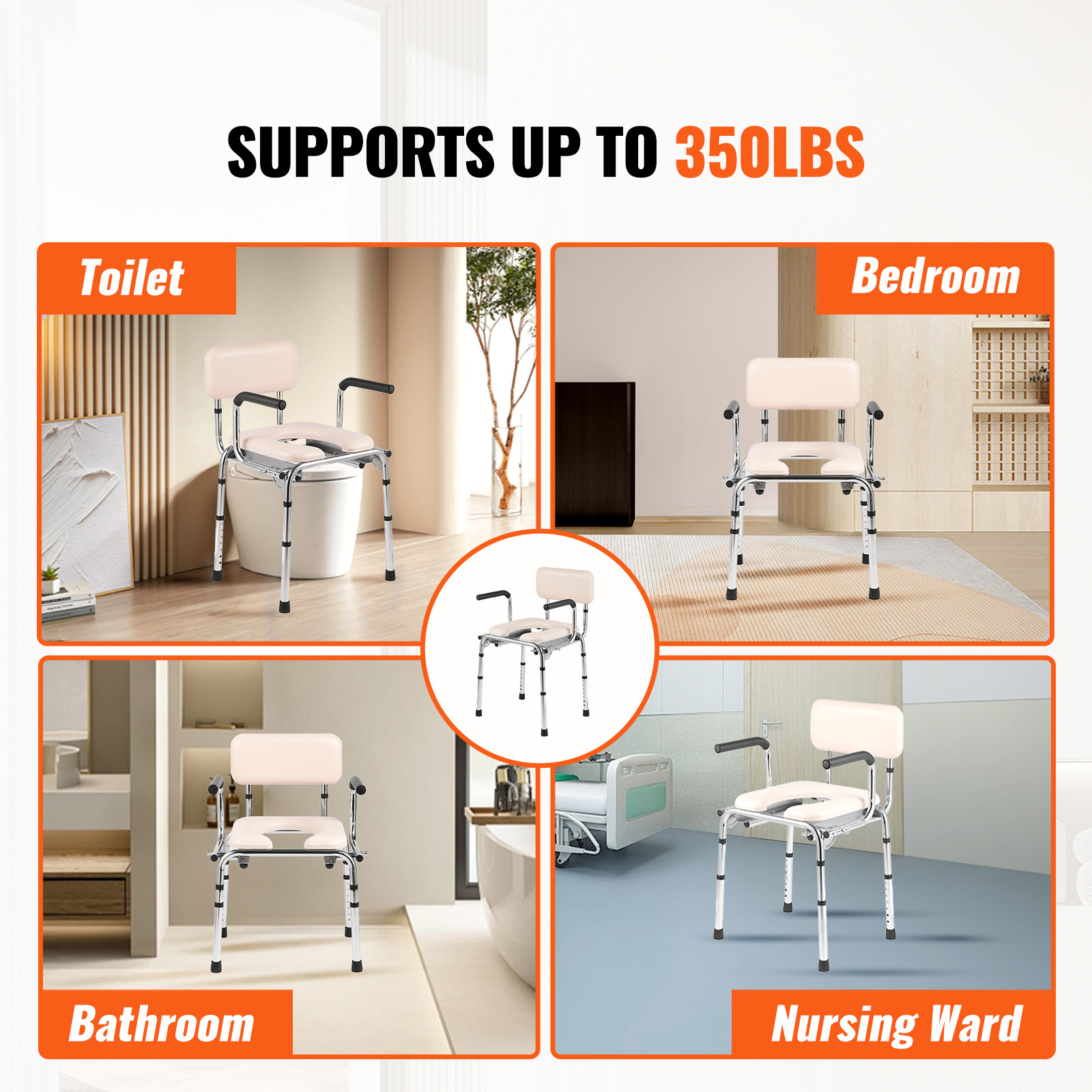 VEVOR Commode Chair, Bedside Commode with Padded Seat, Drop-Down Arms, 7-Level Adjustable Height, 5.8L Removable Bucket, Easy to Assemble, 350/1000LBS Capacity, Portable Toilet for Adults Seniors