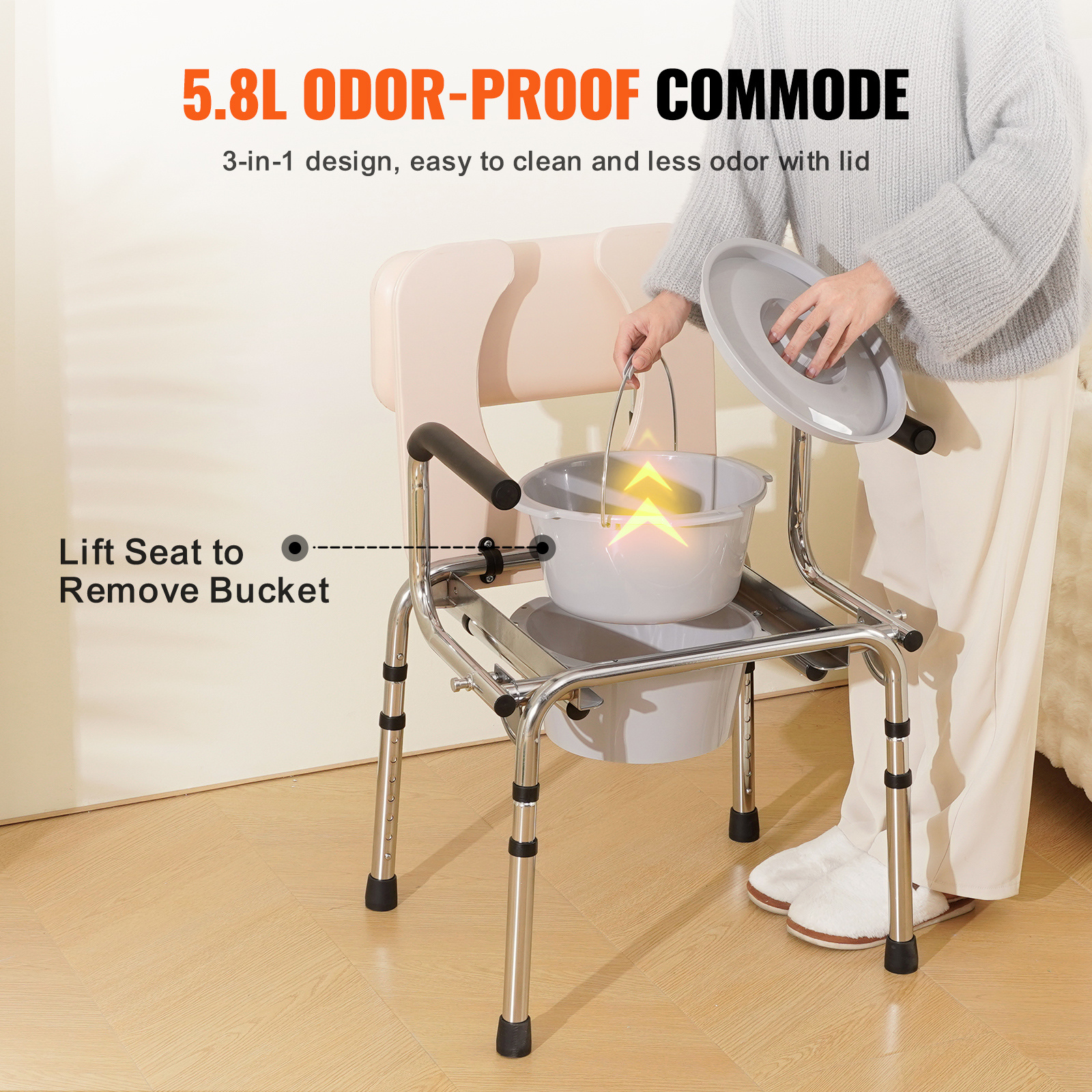VEVOR Commode Chair, Bedside Commode with Padded Seat, Drop-Down Arms, 7-Level Adjustable Height, 5.8L Removable Bucket, Easy to Assemble, 350/1000LBS Capacity, Portable Toilet for Adults Seniors