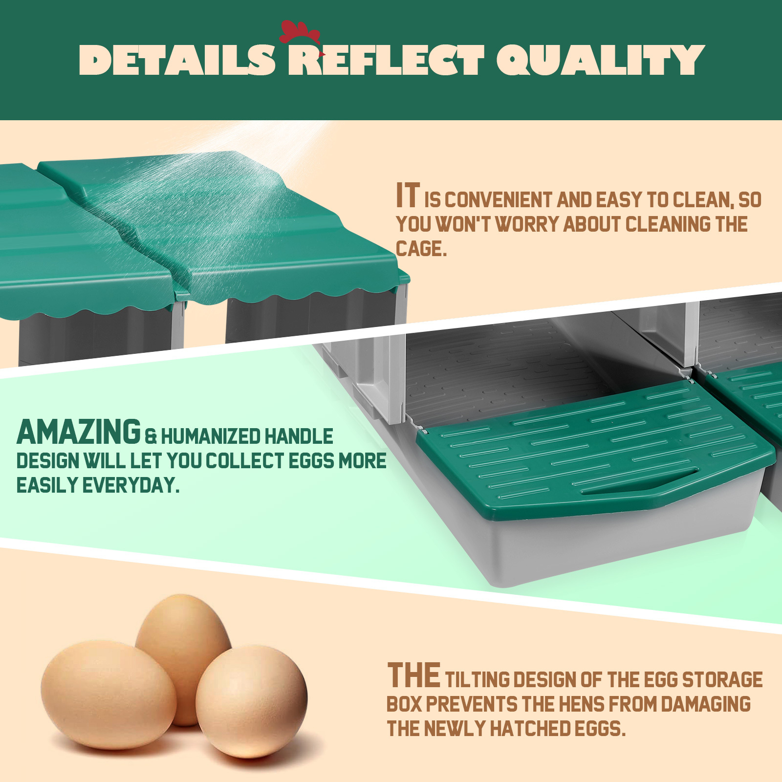 Maxkon 3 Hole Chicken Nesting Box Chook Hen Roll Away Laying Boxes Poultry Modular House Egg Coop Nest Perch Plastic