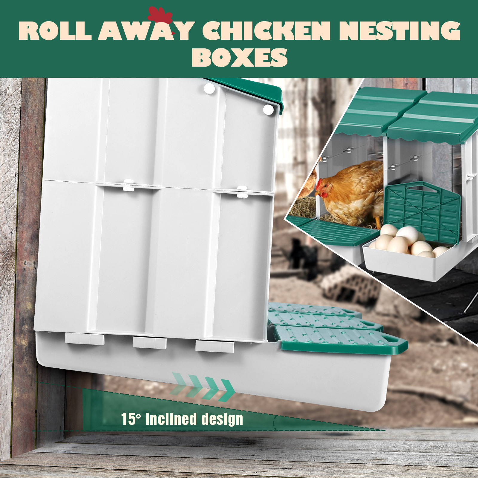 Maxkon 3 Hole Chicken Nesting Box Chook Hen Roll Away Laying Boxes Poultry Modular House Egg Coop Nest Perch Plastic