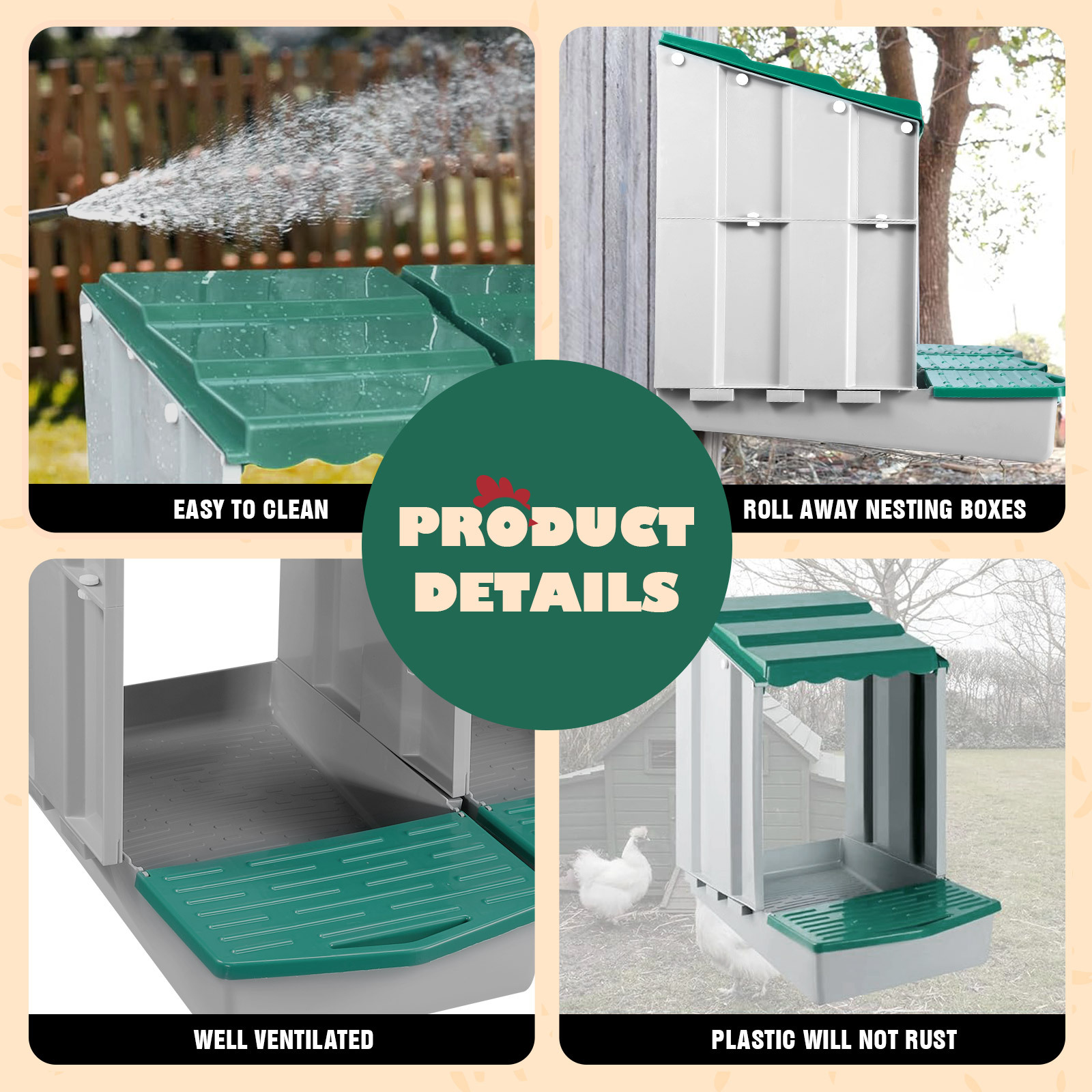 Maxkon 3 Hole Chicken Nesting Box Chook Hen Roll Away Laying Boxes Poultry Modular House Egg Coop Nest Perch Plastic