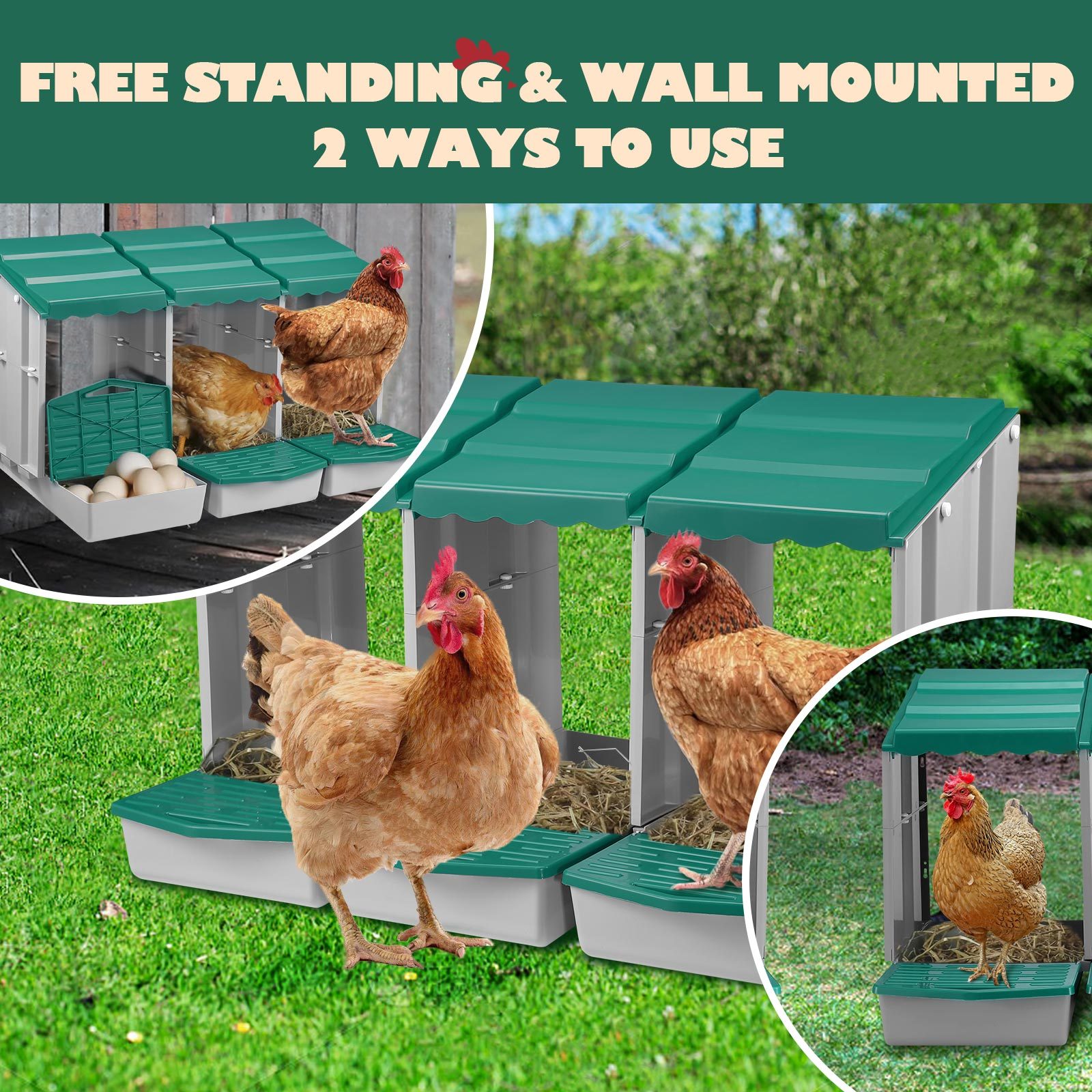 Maxkon 3 Hole Chicken Nesting Box Chook Hen Roll Away Laying Boxes Poultry Modular House Egg Coop Nest Perch Plastic