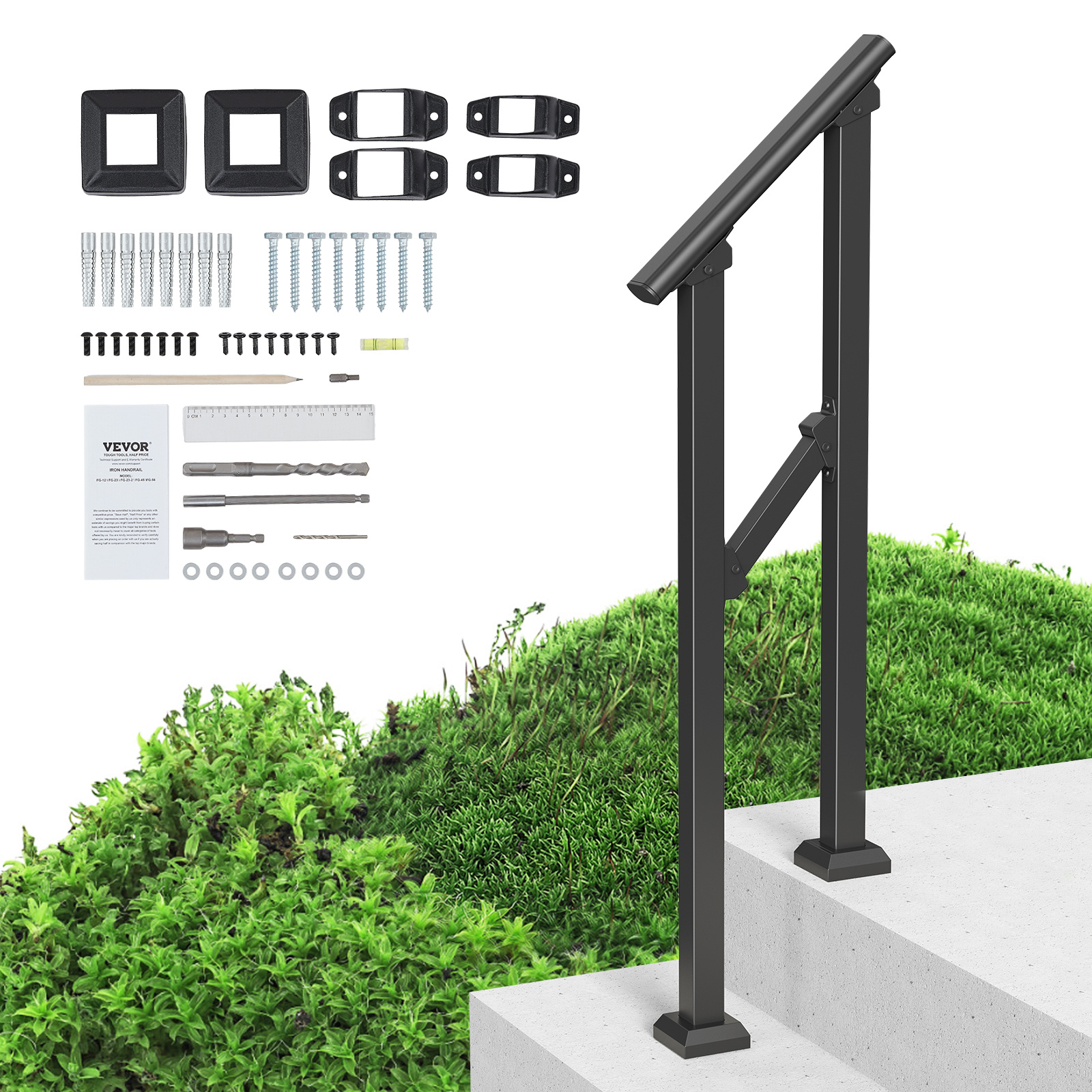 TEMU Vevor 1-2 Handrails For Outdoor For Seniors Porch Deck Black Square Tube