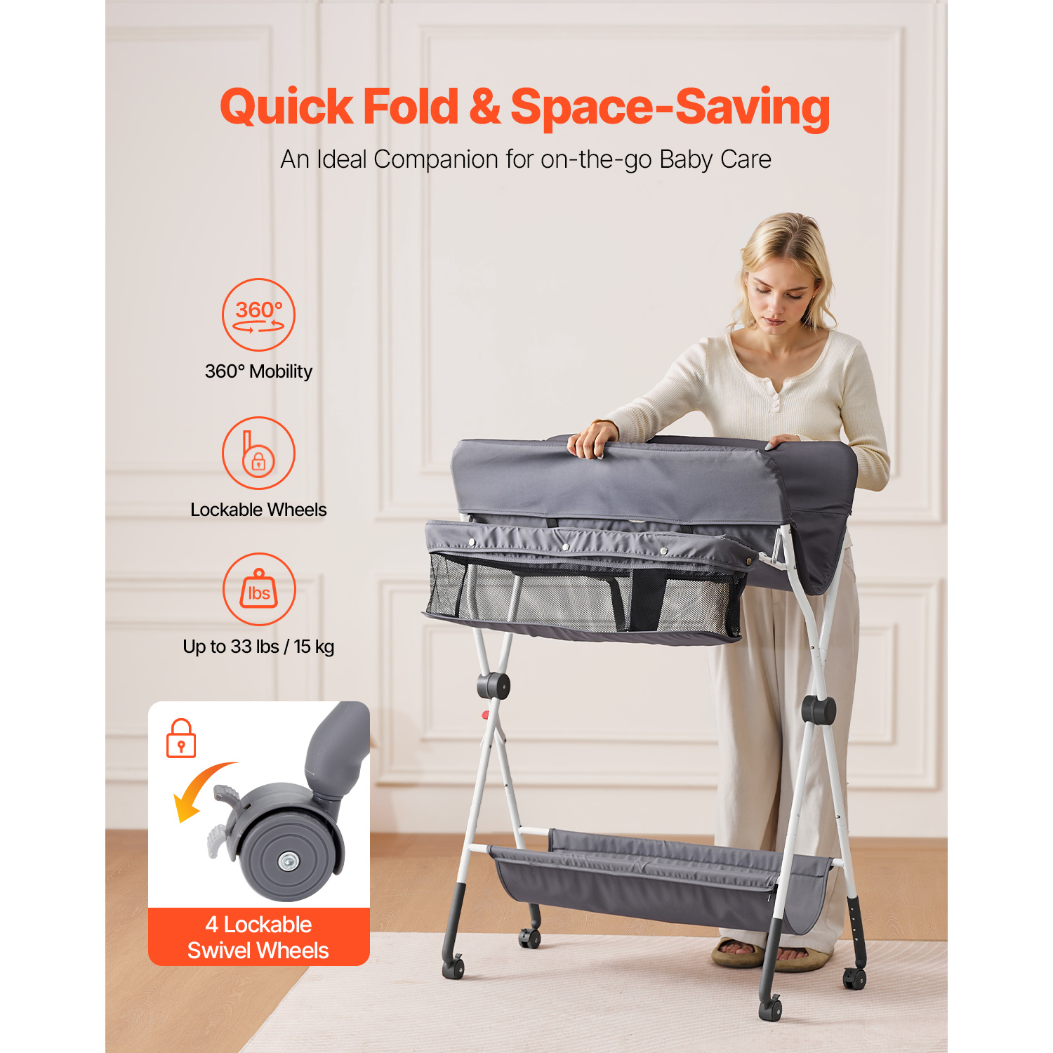 VEVOR Foldable Baby Changing Diaper Station with Side Basket & Wheels Dark Gray/Light gray