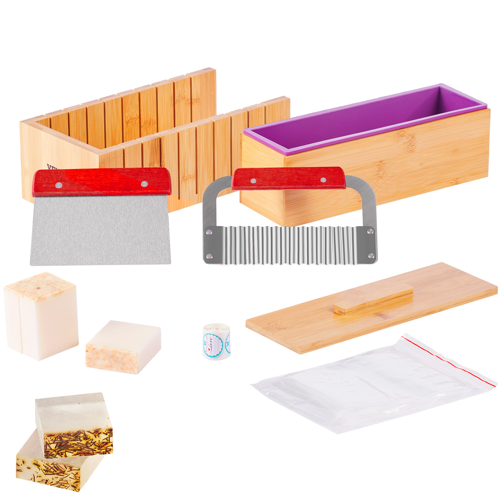 TEMU Vevor Soap Making Kit, Bamboo Cutting Box And Inner Box With Silicone Mold, Stainless Steel Straight Cutter And Wavy Cutter, And 105 Stickers,