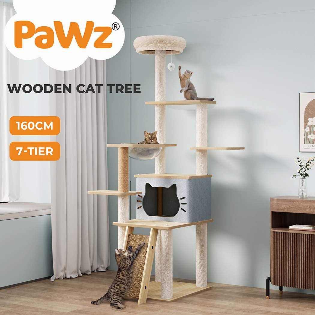 TEMU Pawz Cat Tower For Indoor Cats, Sisal Scratching Post, Ramp, Large Cozy Wood Condo, 360° Space Capsule, Cat Cave, Multi-level Plush Cats Tower