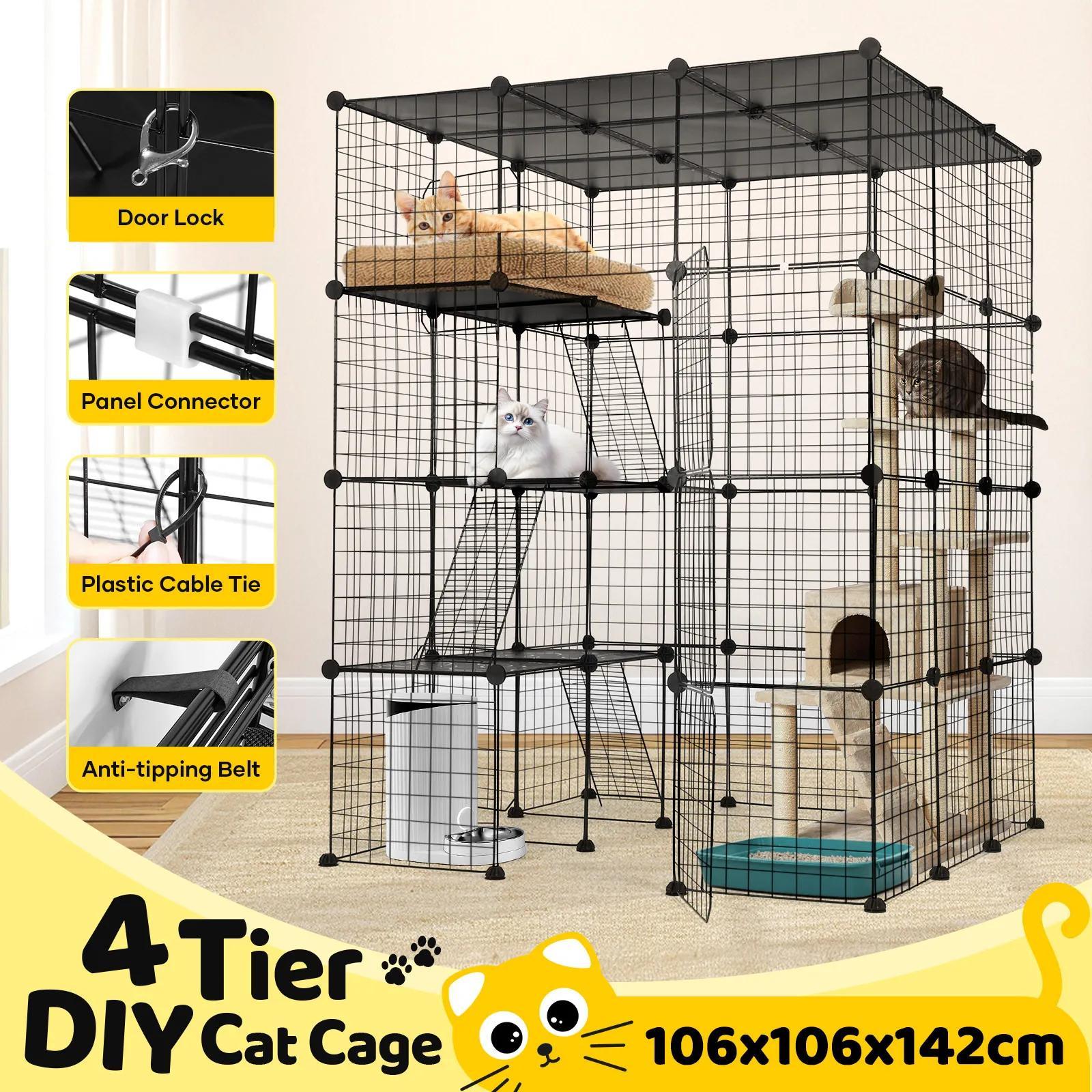 TEMU Diy Cat Enclosure Cage Pet House 4 Tier Indoor Rabbit Hutch Bunny Ferret Crate Kitten Fence Kennel Playpen 3 Platforms 3 Ramps Detachable Metal