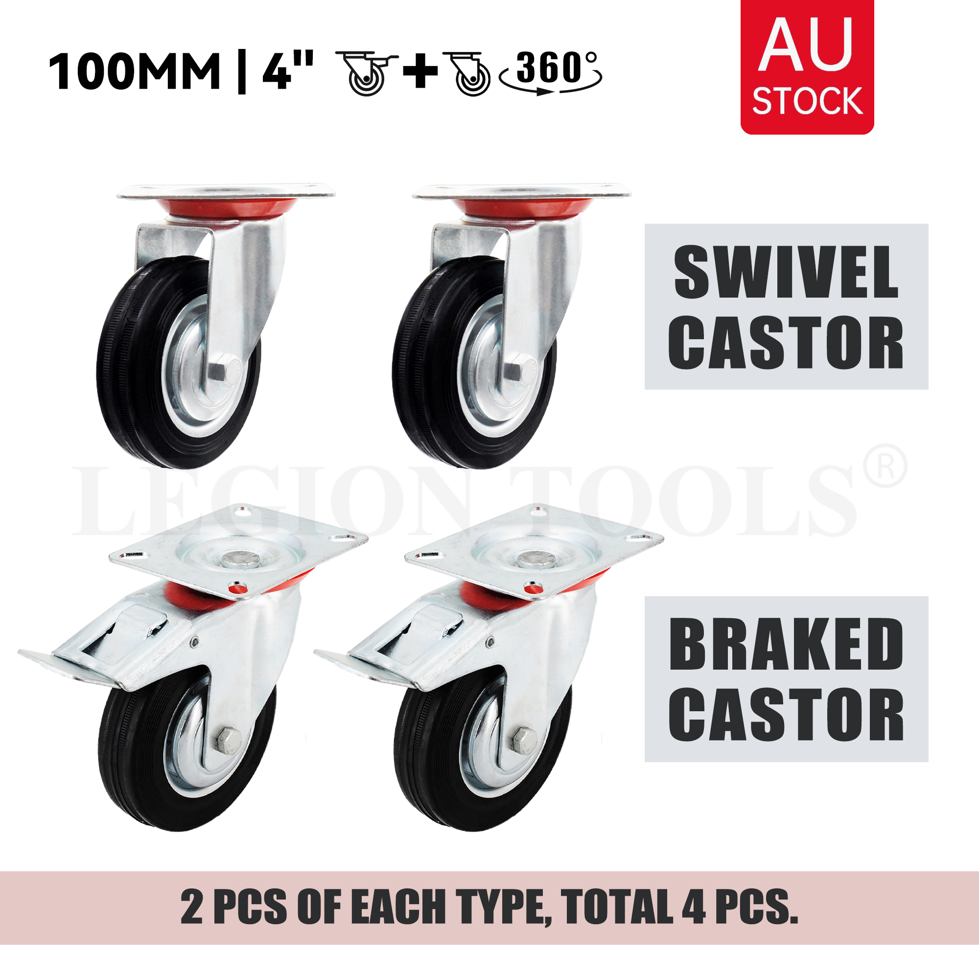 TEMU 4inch 100mm Heavy Duty Black Rubber Castor Wheel Set – 4pcs Combo, Fixed + Swivel / Brake Options | 50kg [t814 Range]