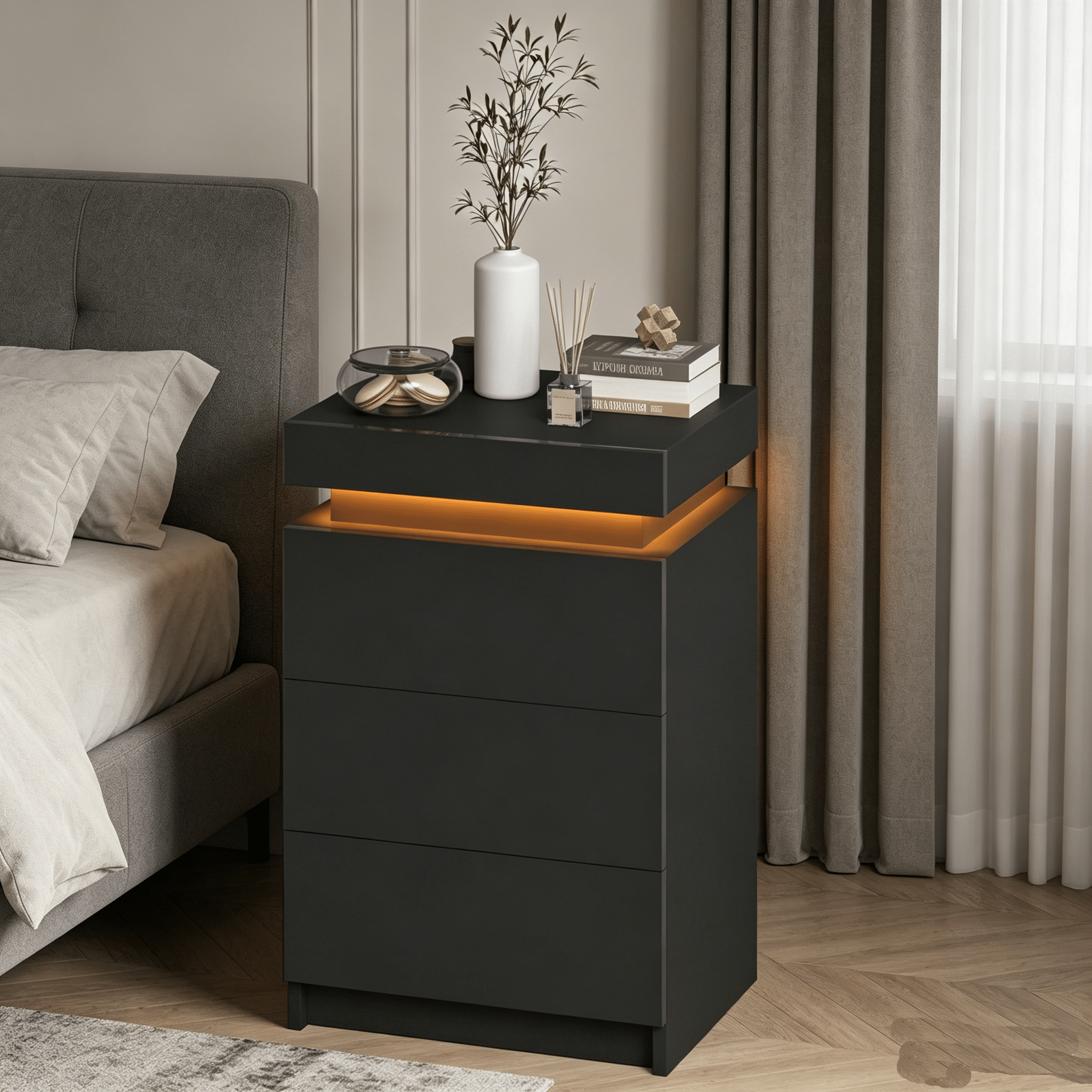 TEMU Advwin Nightstand With Lift Up Storage And 3 Drawers, Led Bedside Table, High Gloss Cabinet For Bedroom Living Room Furniture