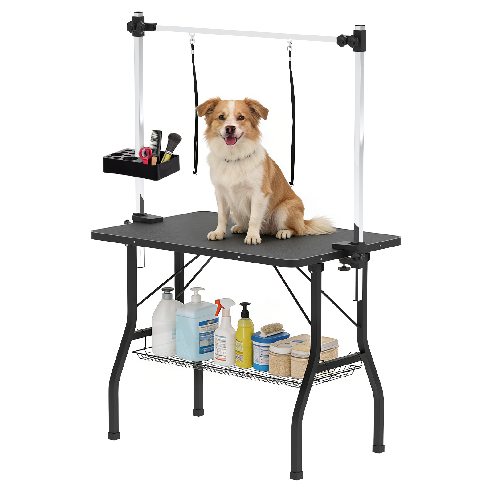 TEMU Advwin Pet Dog Grooming Table With Storage Shelf, Folding Height Adjustable Arm 2 Loops Table 91cm Anti Slip Rubber W/basket