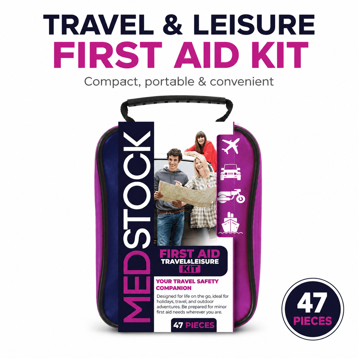 MEDSTOCK Travel & Leisure First Aid Kit – 47pcs Portable Emergency Medical Kit for Travel, Car, Camping, Hiking & Outdoor Use | Compact Lightweight Case with Bandages & Essentials