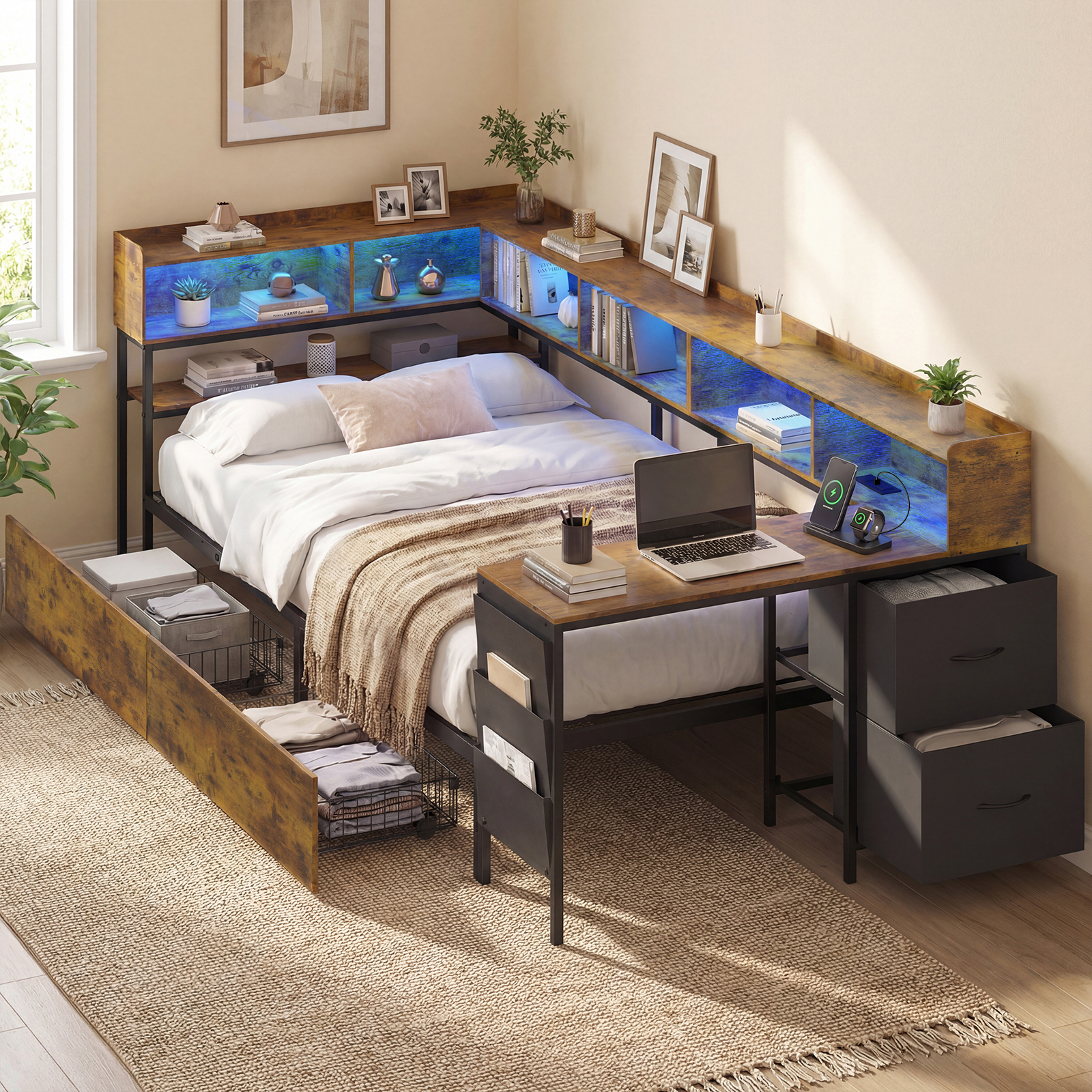 TEMU Single Daybed With Desk And Shelves, Corner Bed Metal Platform Bed Frame With Led Light, Storage Drawers, Charging Station & Fabric Storage Bag,