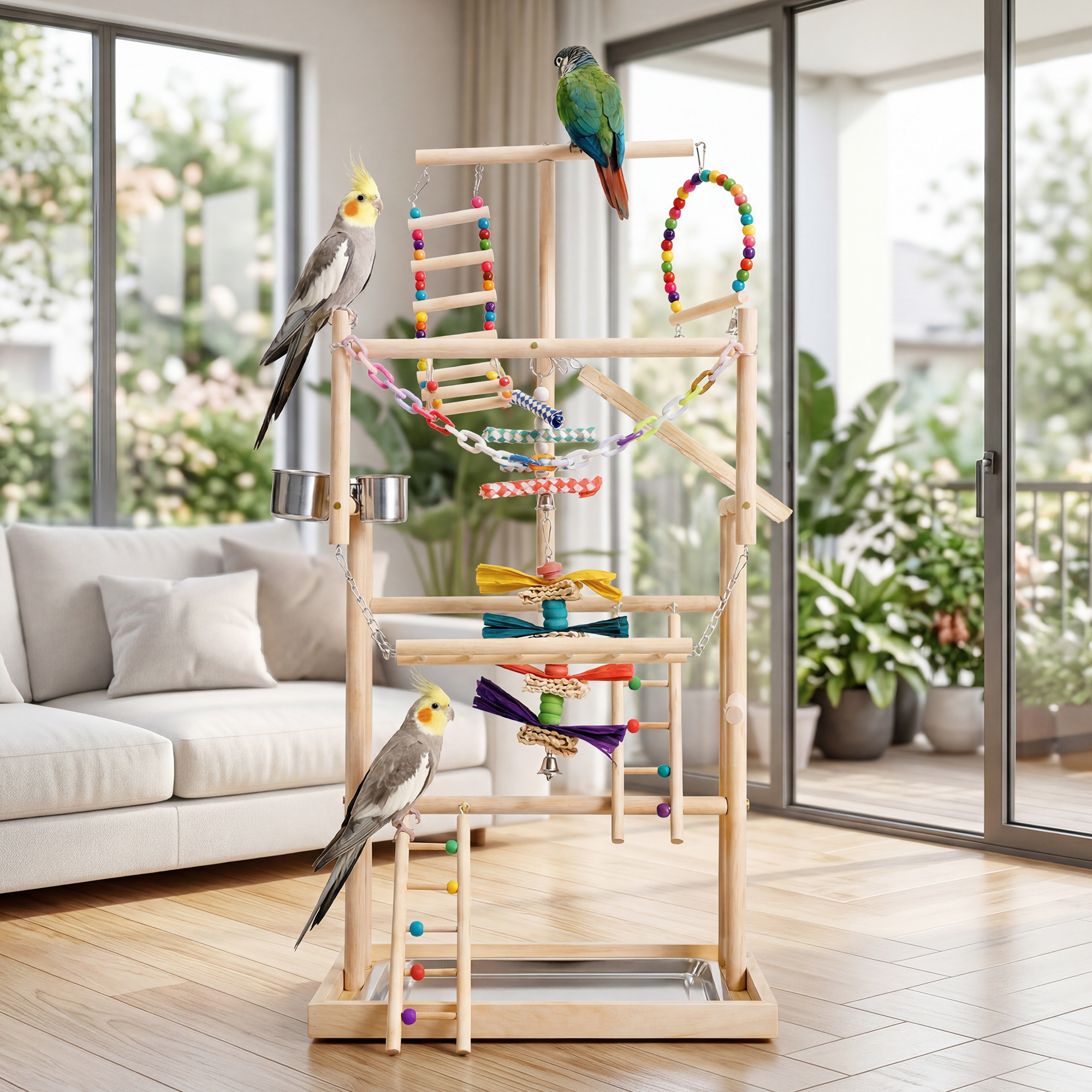 Advwin Bird Playground Stand with Swing & Ladder, Parrot Play Gym with Wood Perches, Feeding Cups & Stainless Steel Tray for Small Medium Birds Budgie Cockatiel Conure - Image 7